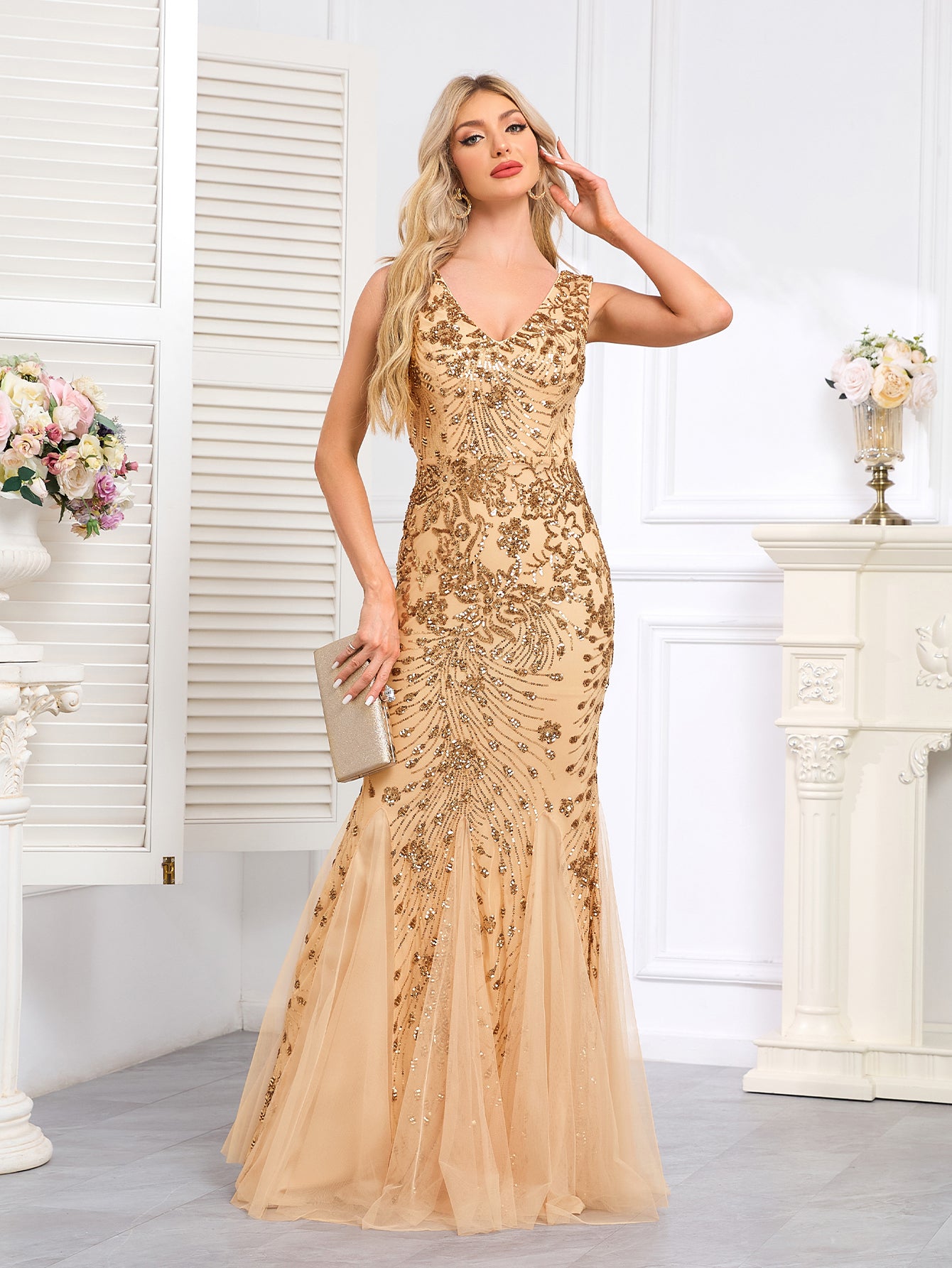 Champagne Gold Beaded Tulle Mermaid Gown