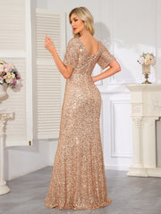 Floor-Length Evening Gown With a V-neck, Fitted Silhouette, and Hip-Hugging Design.