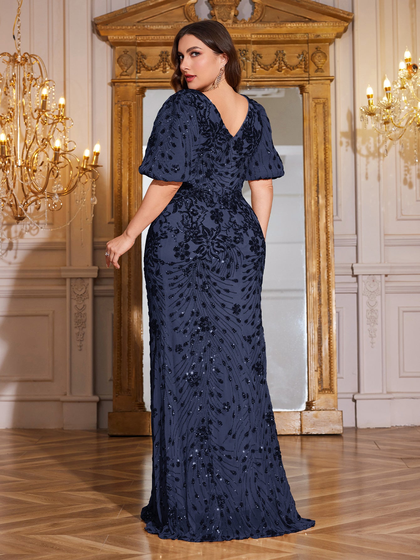 Navy Blue Sequin Puff Short Sleeve Mermaid Plus Size Evening Gown