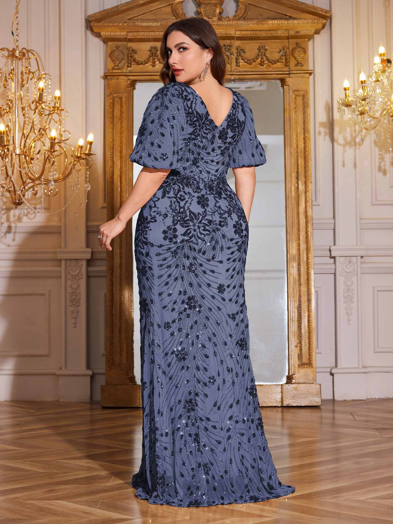 Navy Blue Sequin Puff Short Sleeve Mermaid Plus Size Evening Gown