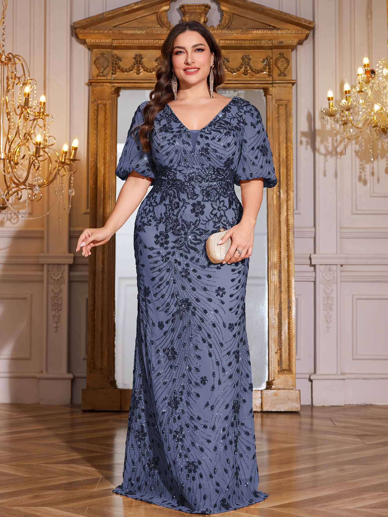 Navy Blue Sequin Puff Short Sleeve Mermaid Plus Size Evening Gown