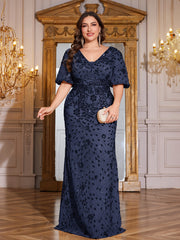 Navy Blue Sequin Puff Short Sleeve Mermaid Plus Size Evening Gown