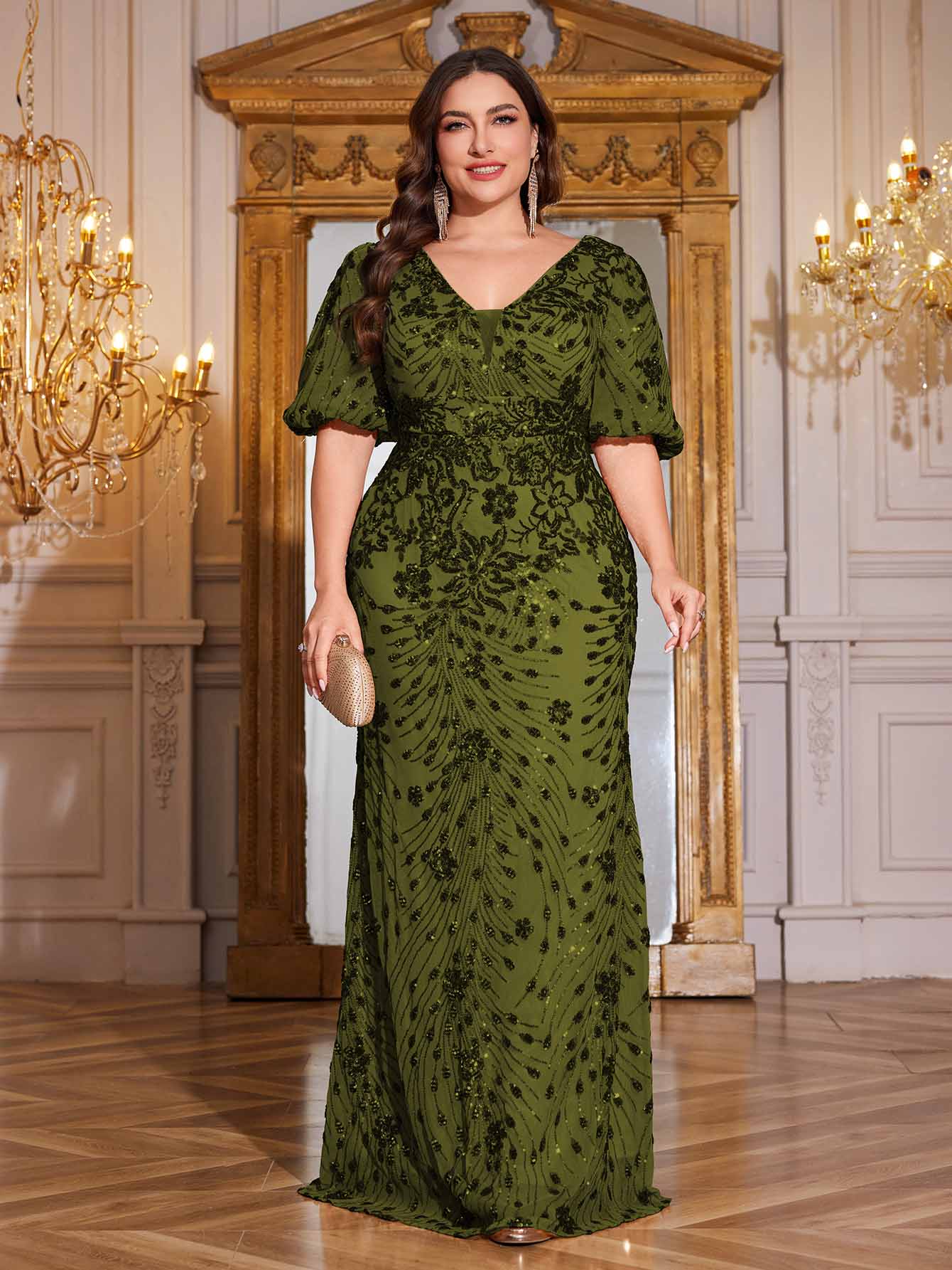 Navy Blue Sequin Puff Short Sleeve Mermaid Plus Size Evening Gown