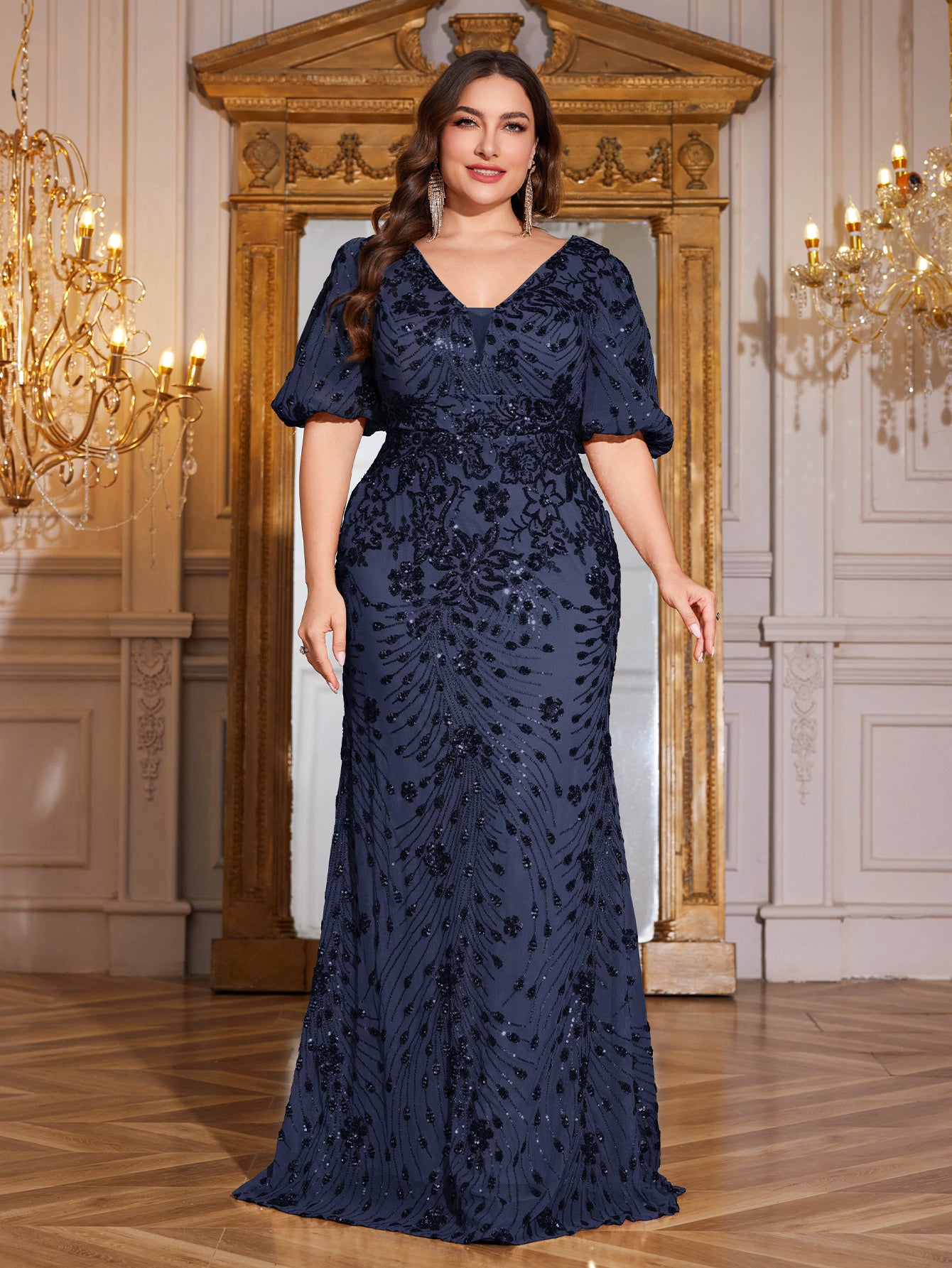 Navy Blue Sequin Puff Short Sleeve Mermaid Plus Size Evening Gown