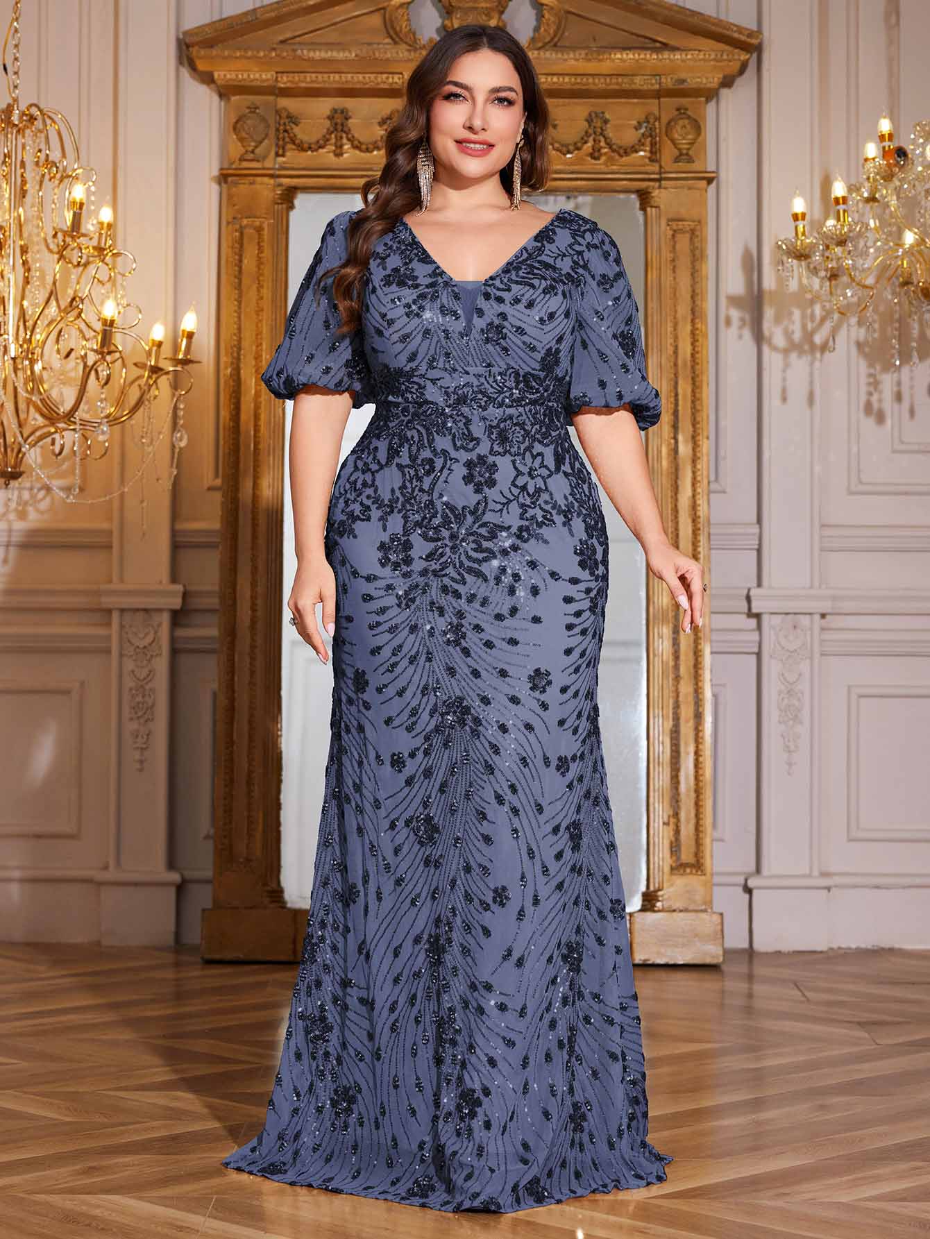 Navy Blue Sequin Puff Short Sleeve Mermaid Plus Size Evening Gown