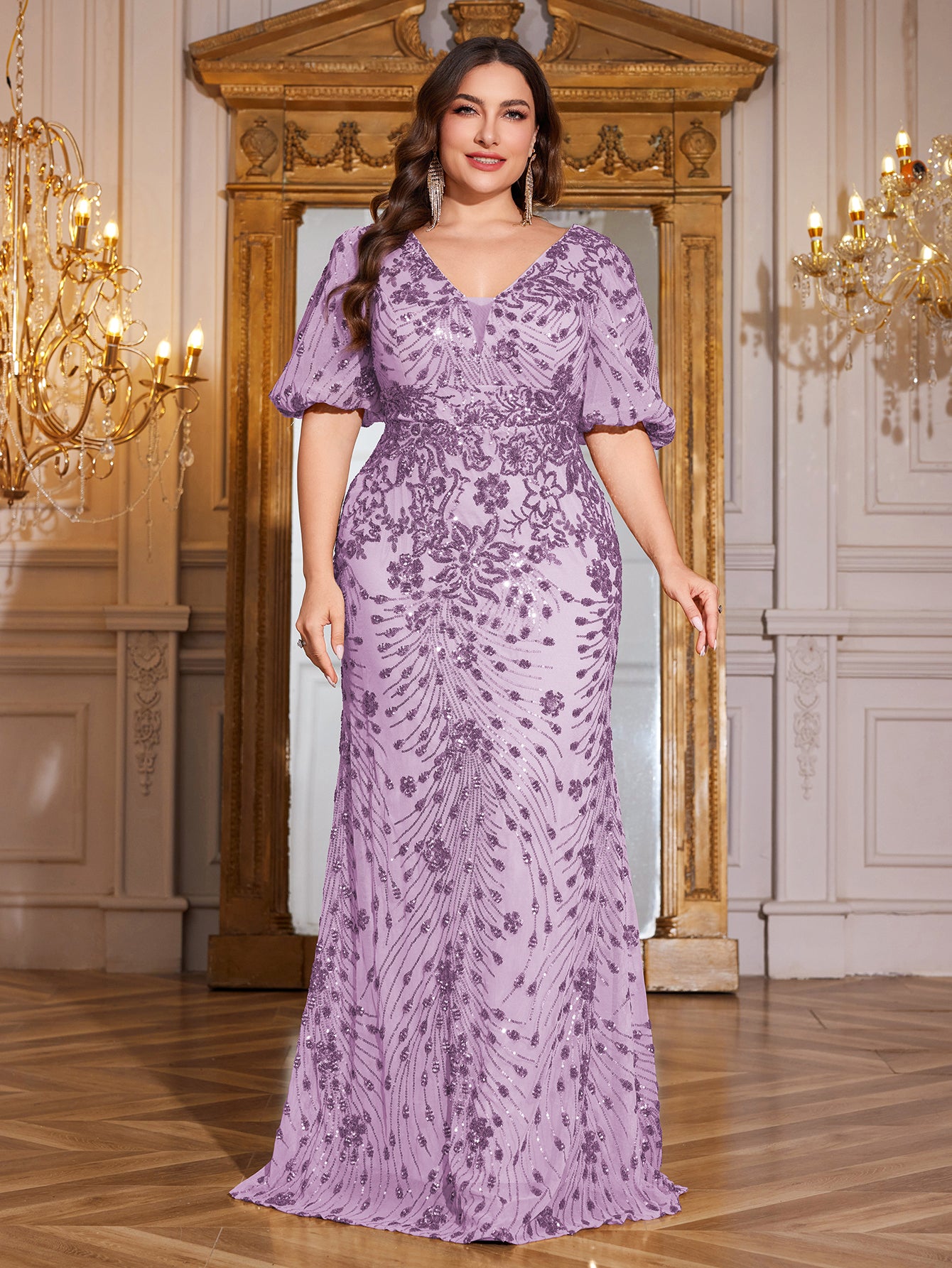 Navy Blue Sequin Puff Short Sleeve Mermaid Plus Size Evening Gown