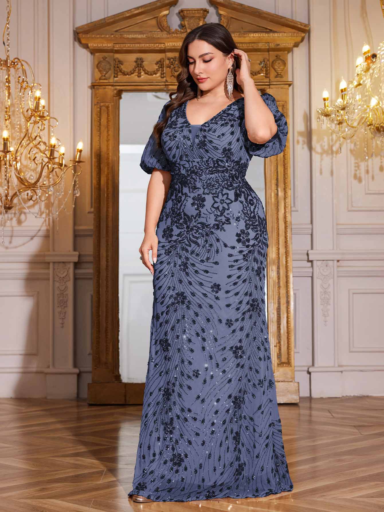 Navy Blue Sequin Puff Short Sleeve Mermaid Plus Size Evening Gown