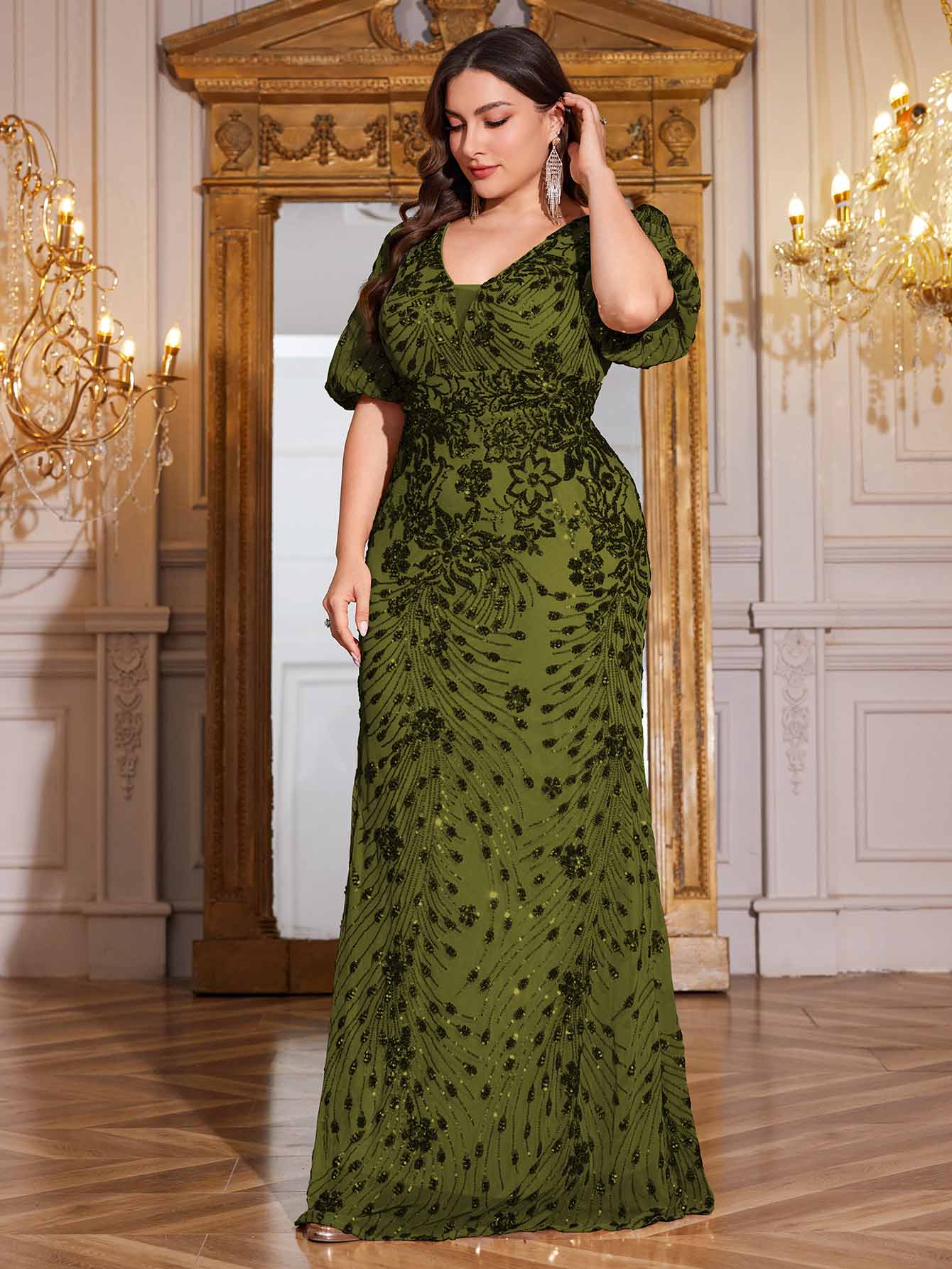 Navy Blue Sequin Puff Short Sleeve Mermaid Plus Size Evening Gown