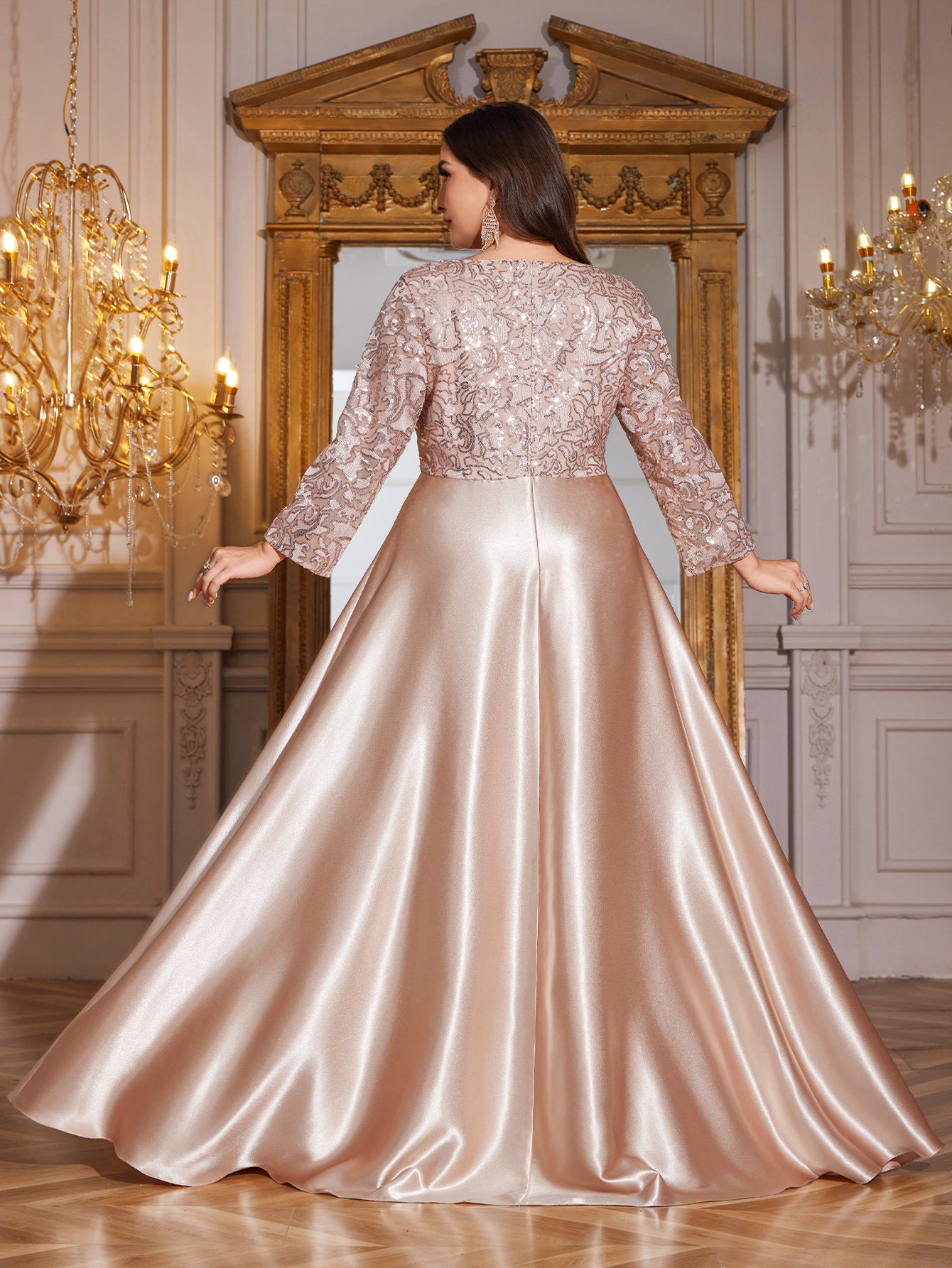Champagne Gold Lace Satin 3/4 Sleeve A‑Line Plus Size Evening Gown