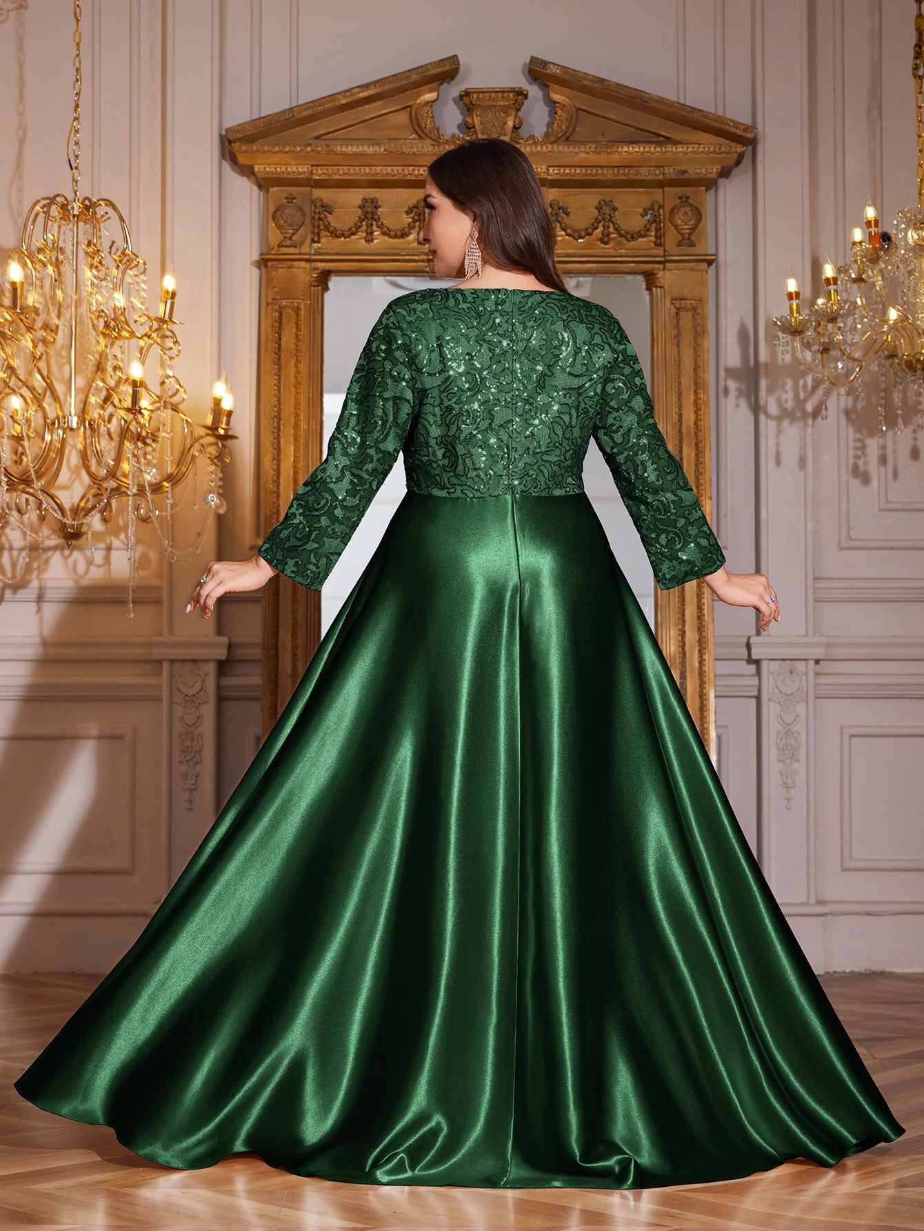 Champagne Gold Lace Satin 3/4 Sleeve A‑Line Plus Size Evening Gown