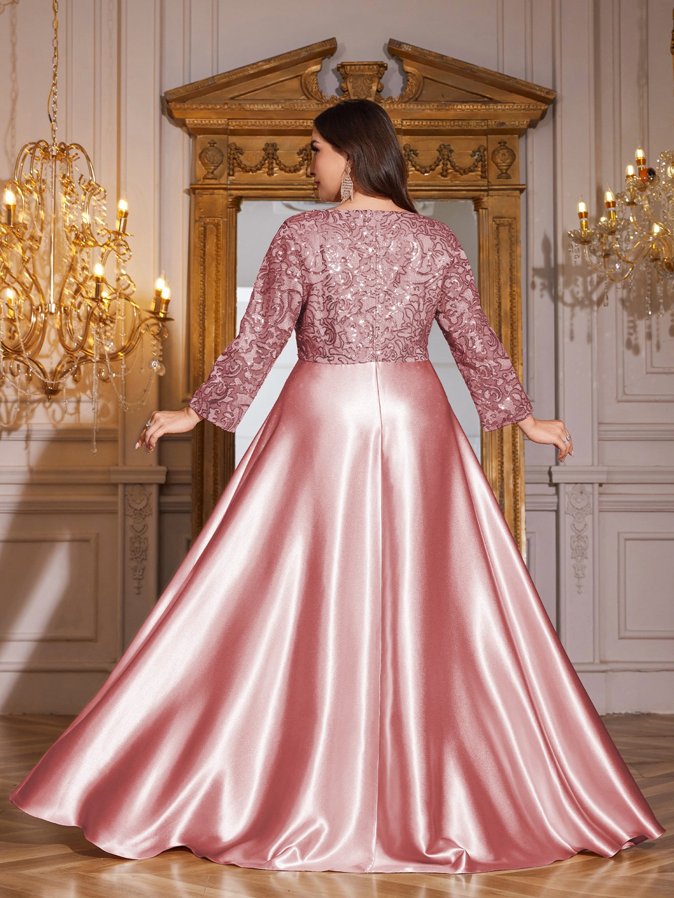 Champagne Gold Lace Satin 3/4 Sleeve A‑Line Plus Size Evening Gown