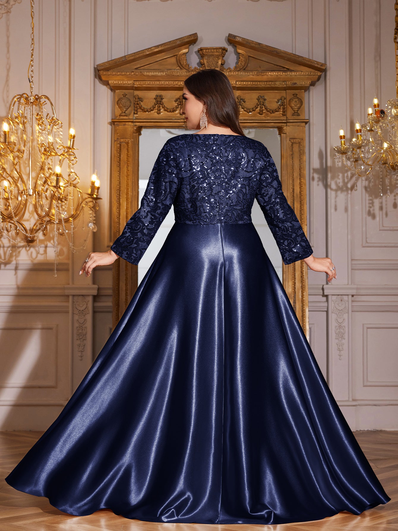 Champagne Gold Lace Satin 3/4 Sleeve A‑Line Plus Size Evening Gown