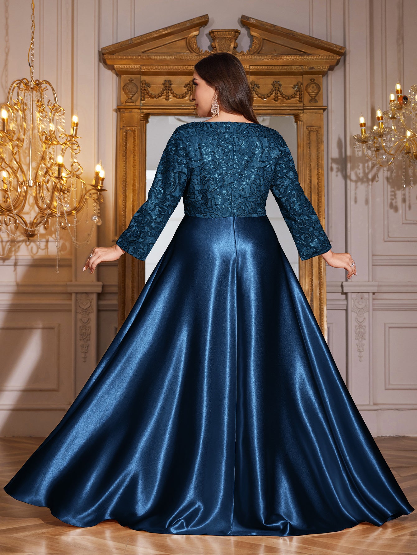 Champagne Gold Lace Satin 3/4 Sleeve A‑Line Plus Size Evening Gown