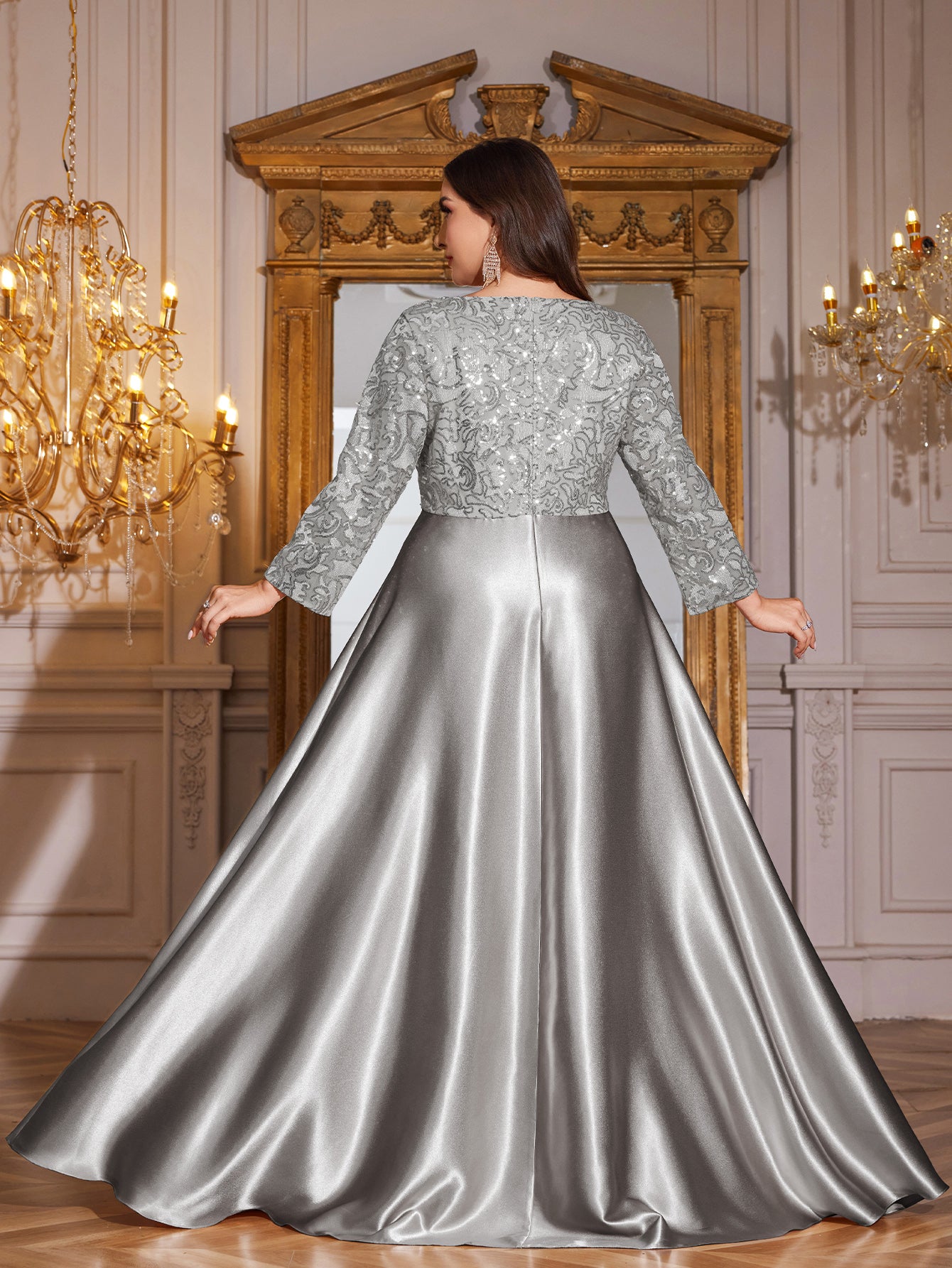 Champagne Gold Lace Satin 3/4 Sleeve A‑Line Plus Size Evening Gown