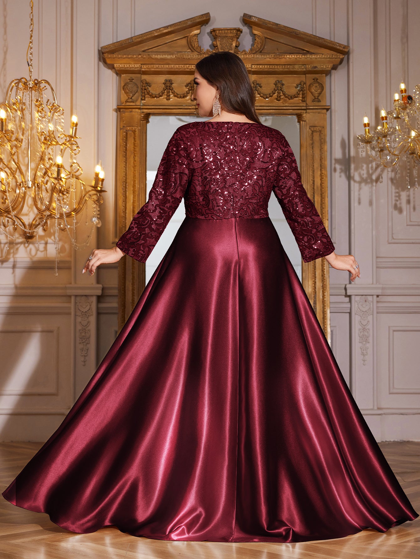 Champagne Gold Lace Satin 3/4 Sleeve A‑Line Plus Size Evening Gown