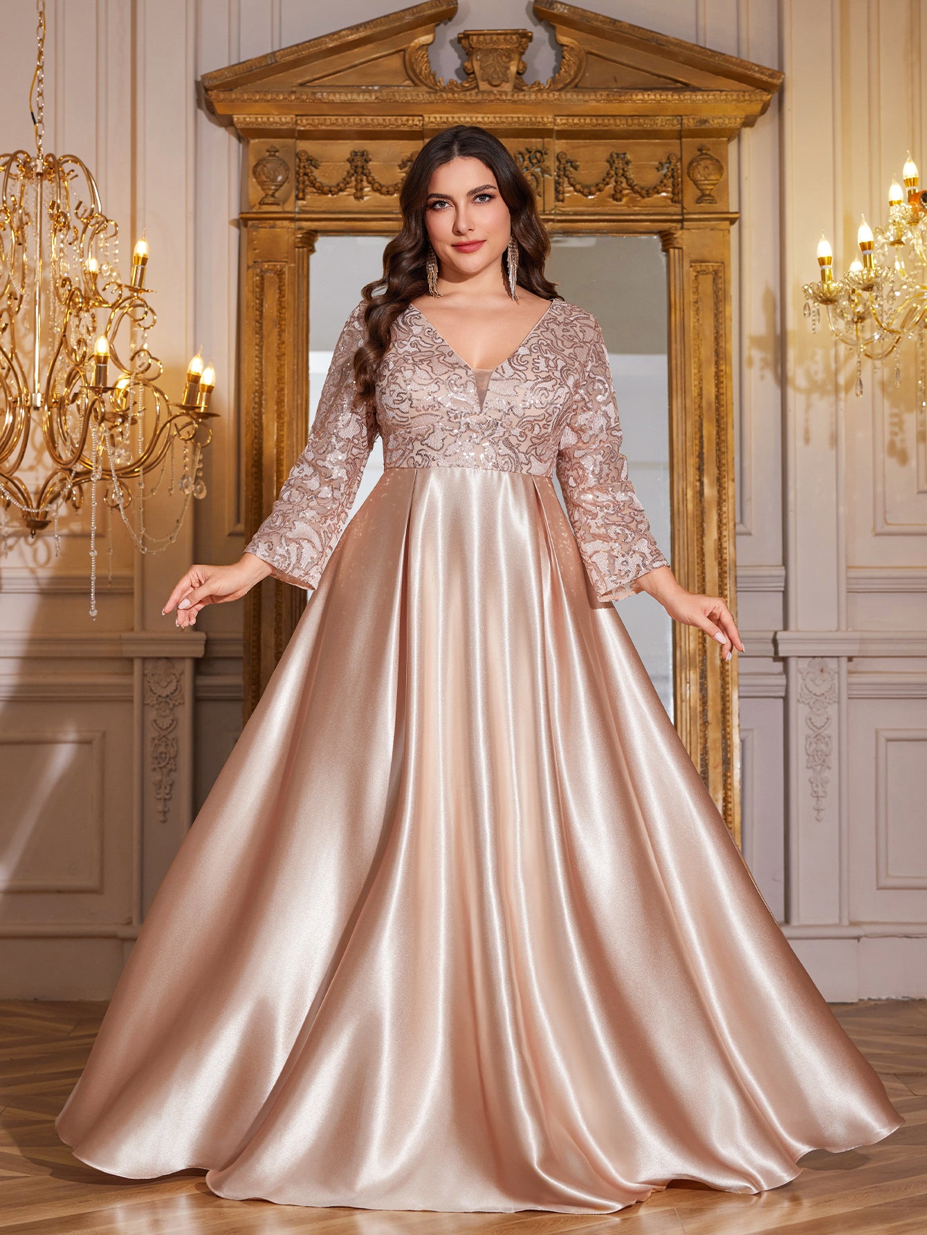 Champagne Gold Lace Satin 3/4 Sleeve A‑Line Plus Size Evening Gown
