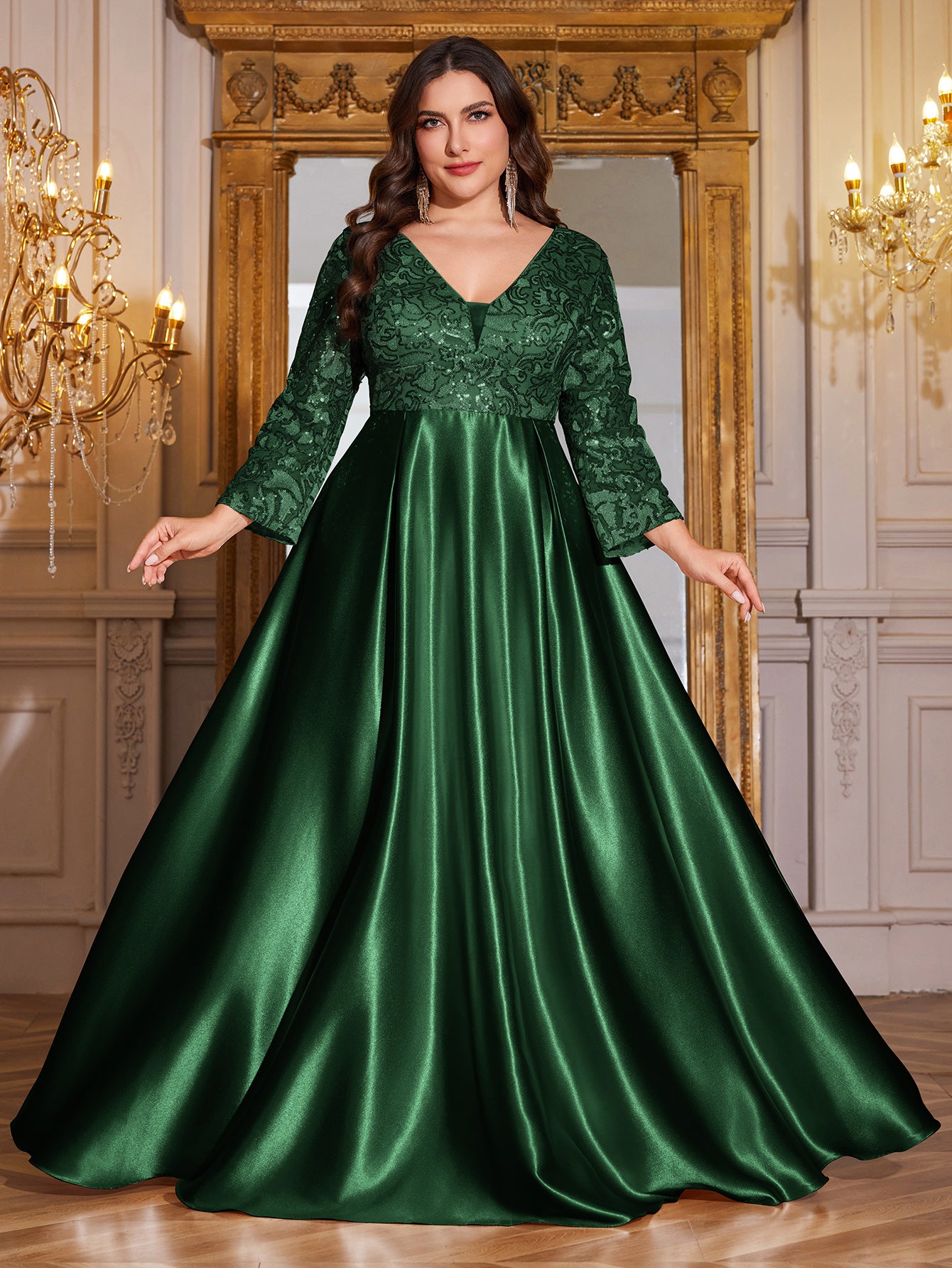 Champagne Gold Lace Satin 3/4 Sleeve A‑Line Plus Size Evening Gown