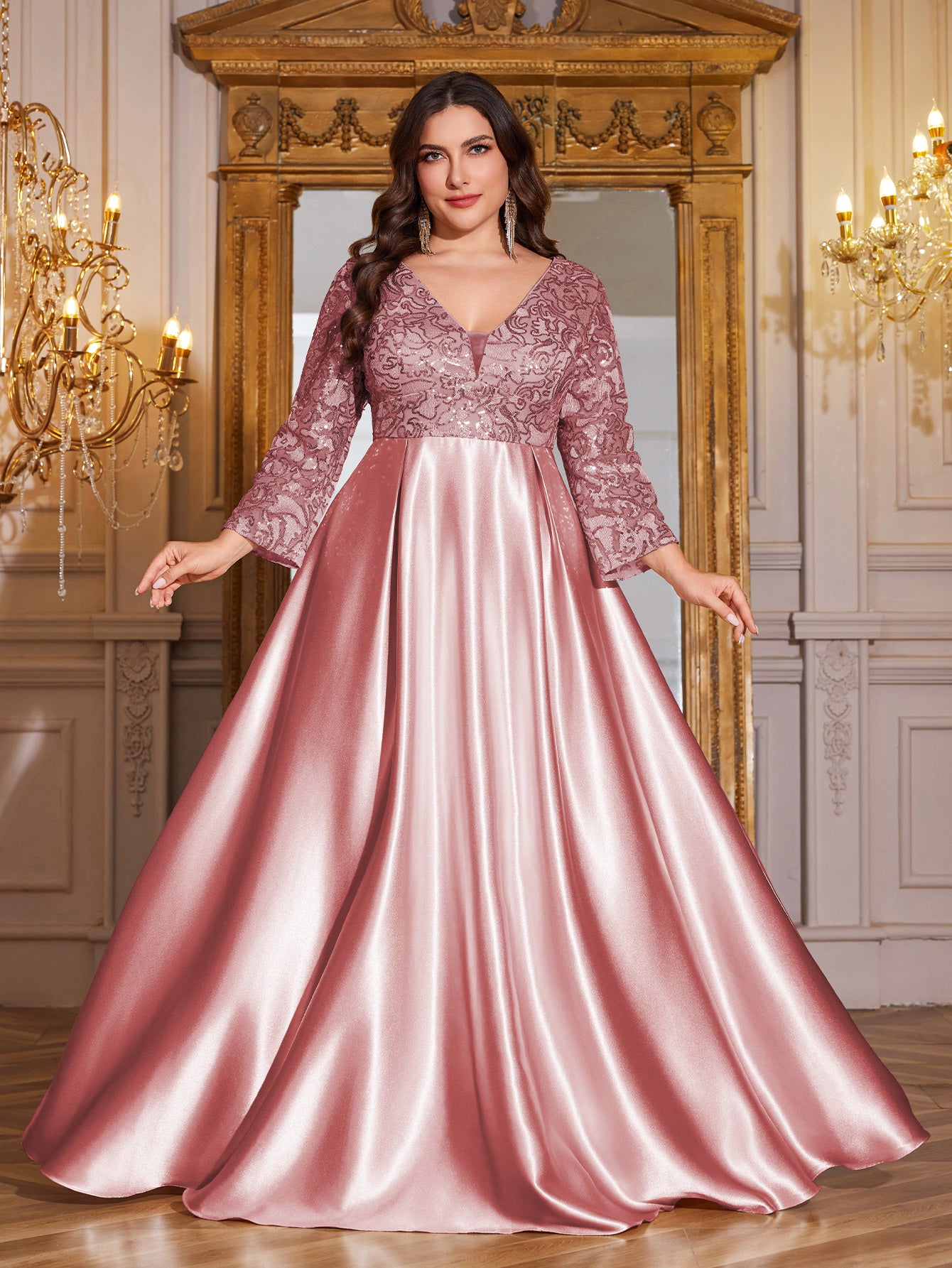 Champagne Gold Lace Satin 3/4 Sleeve A‑Line Plus Size Evening Gown