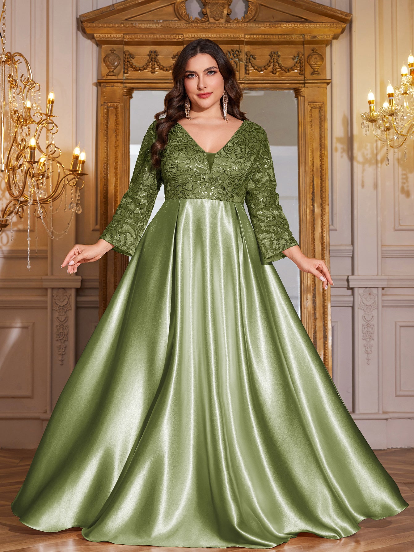 Champagne Gold Lace Satin 3/4 Sleeve A‑Line Plus Size Evening Gown