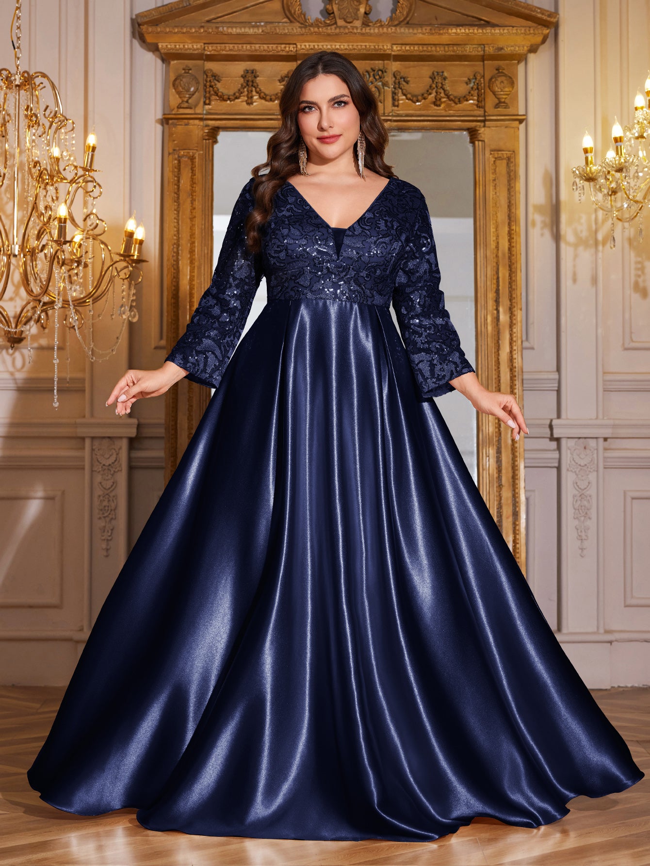 Champagne Gold Lace Satin 3/4 Sleeve A‑Line Plus Size Evening Gown