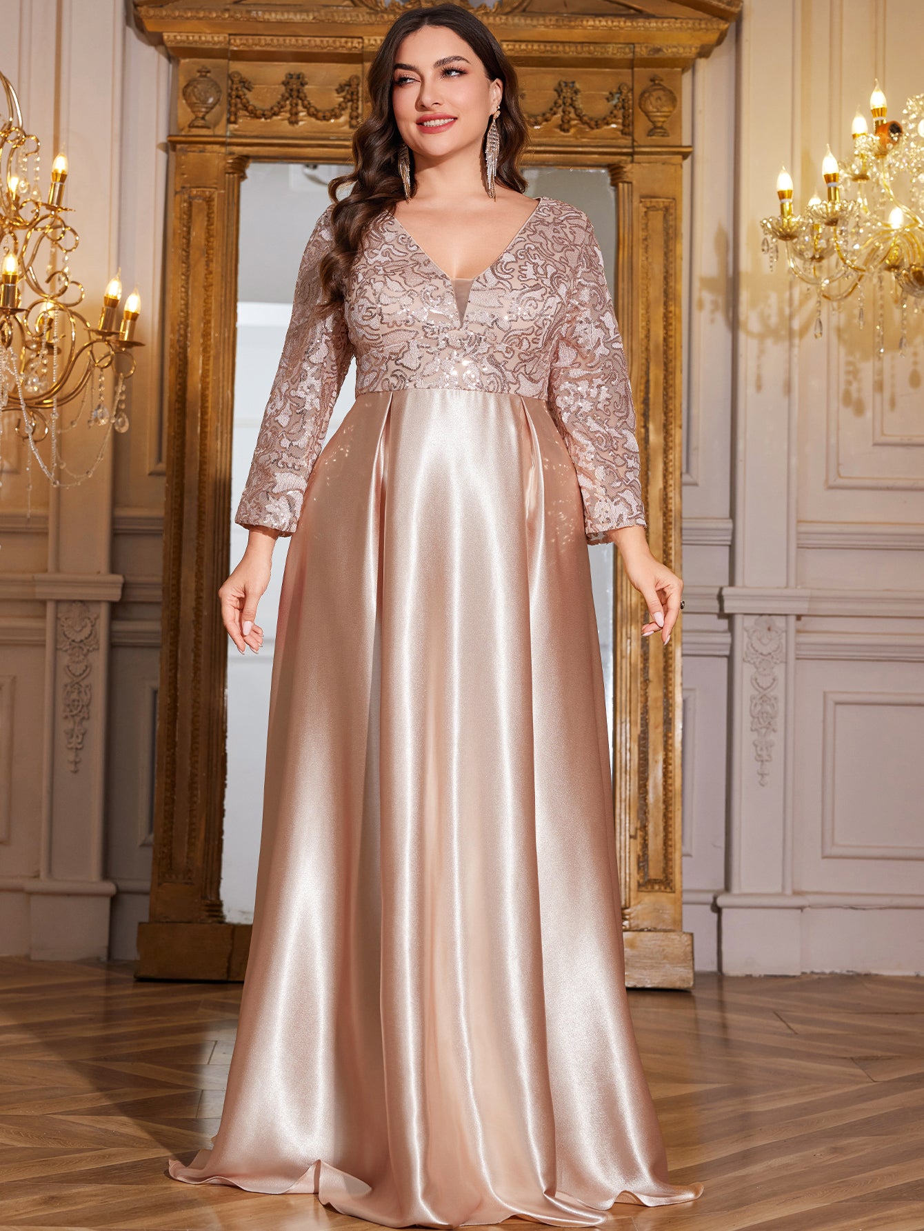 Champagne Gold Lace Satin 3/4 Sleeve A‑Line Plus Size Evening Gown