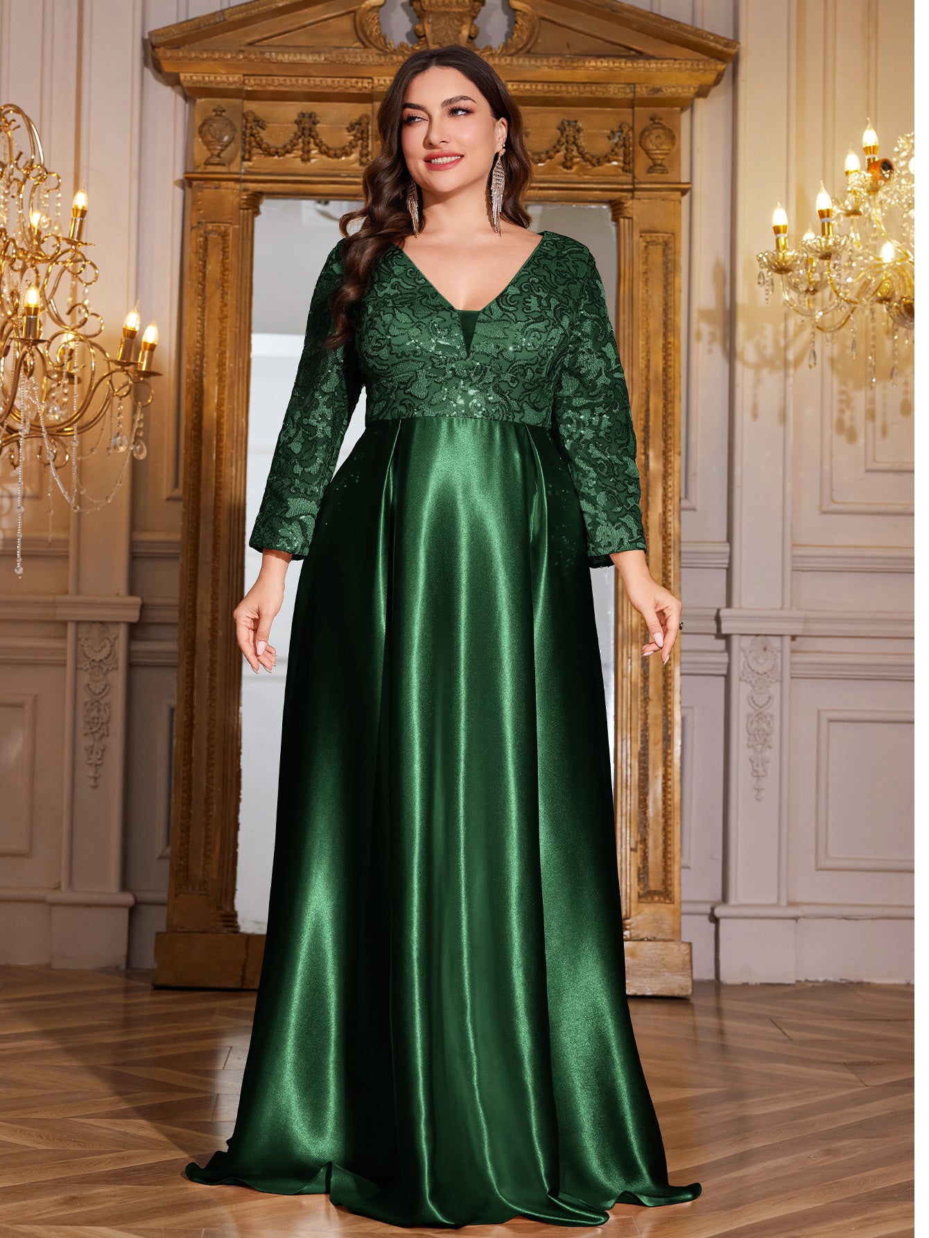 Champagne Gold Lace Satin 3/4 Sleeve A‑Line Plus Size Evening Gown