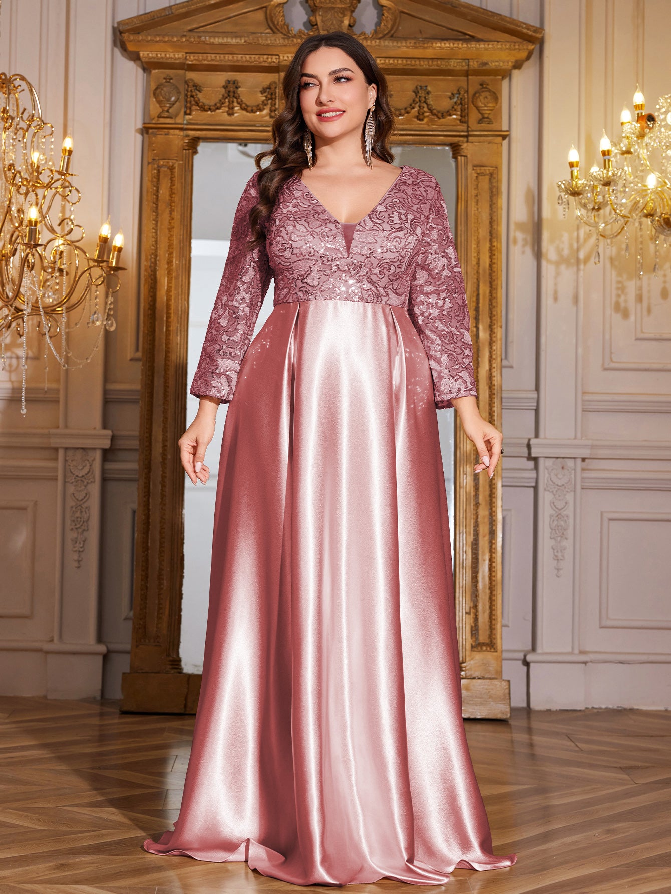 Champagne Gold Lace Satin 3/4 Sleeve A‑Line Plus Size Evening Gown