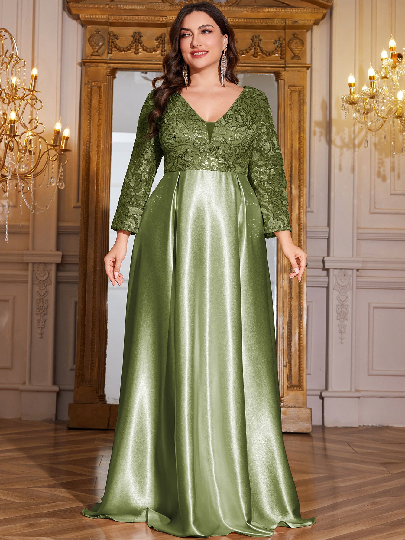 Champagne Gold Lace Satin 3/4 Sleeve A‑Line Plus Size Evening Gown