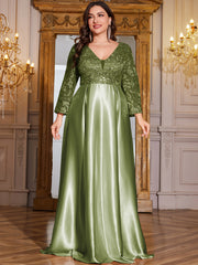 Champagne Gold Lace Satin 3/4 Sleeve A‑Line Plus Size Evening Gown