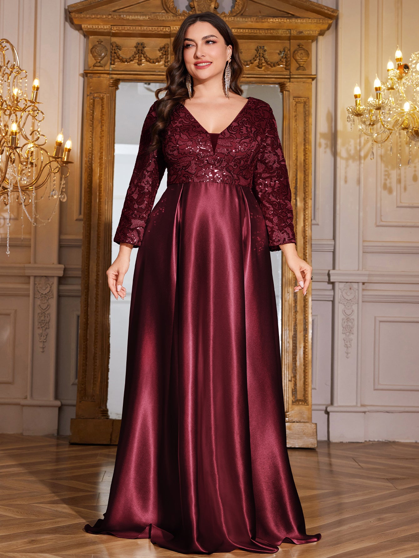 Champagne Gold Lace Satin 3/4 Sleeve A‑Line Plus Size Evening Gown