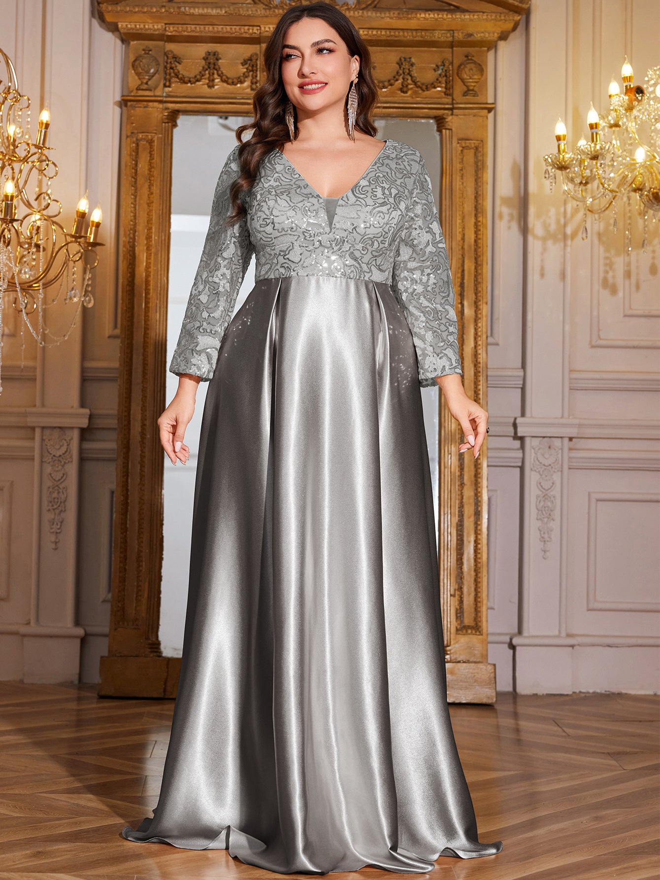 Champagne Gold Lace Satin 3/4 Sleeve A‑Line Plus Size Evening Gown