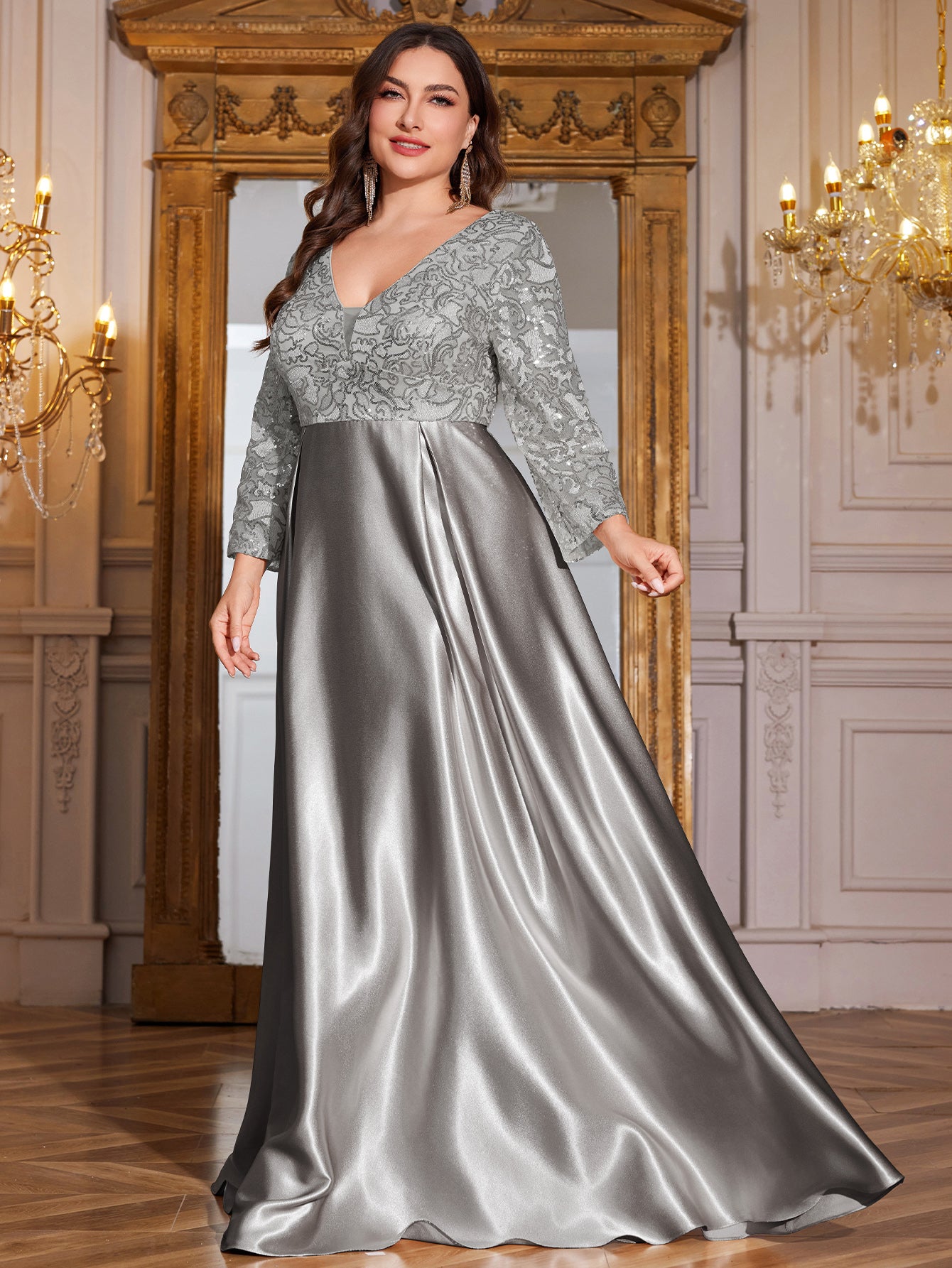 Champagne Gold Lace Satin 3/4 Sleeve A‑Line Plus Size Evening Gown