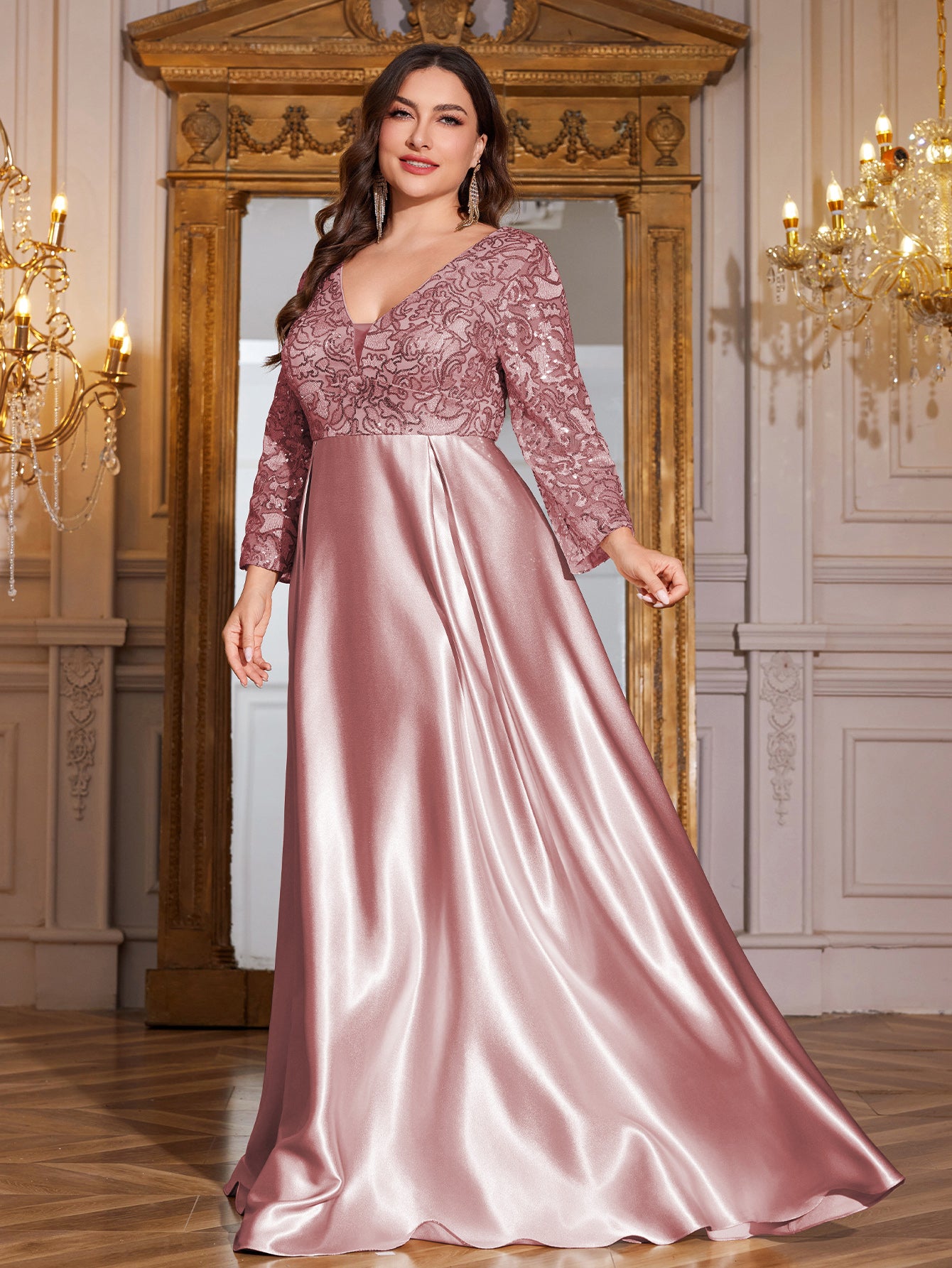 Champagne Gold Lace Satin 3/4 Sleeve A‑Line Plus Size Evening Gown