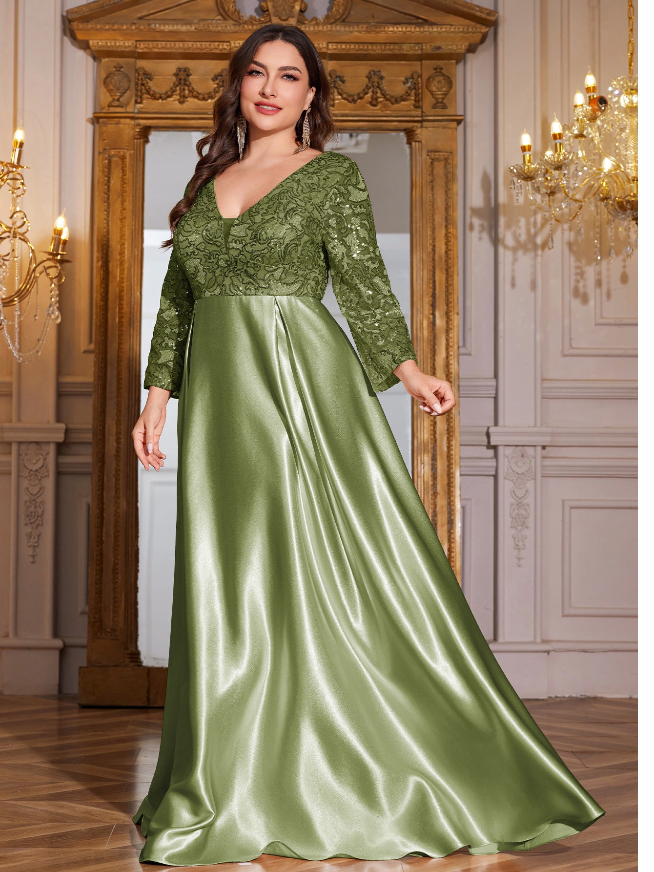Champagne Gold Lace Satin 3/4 Sleeve A‑Line Plus Size Evening Gown