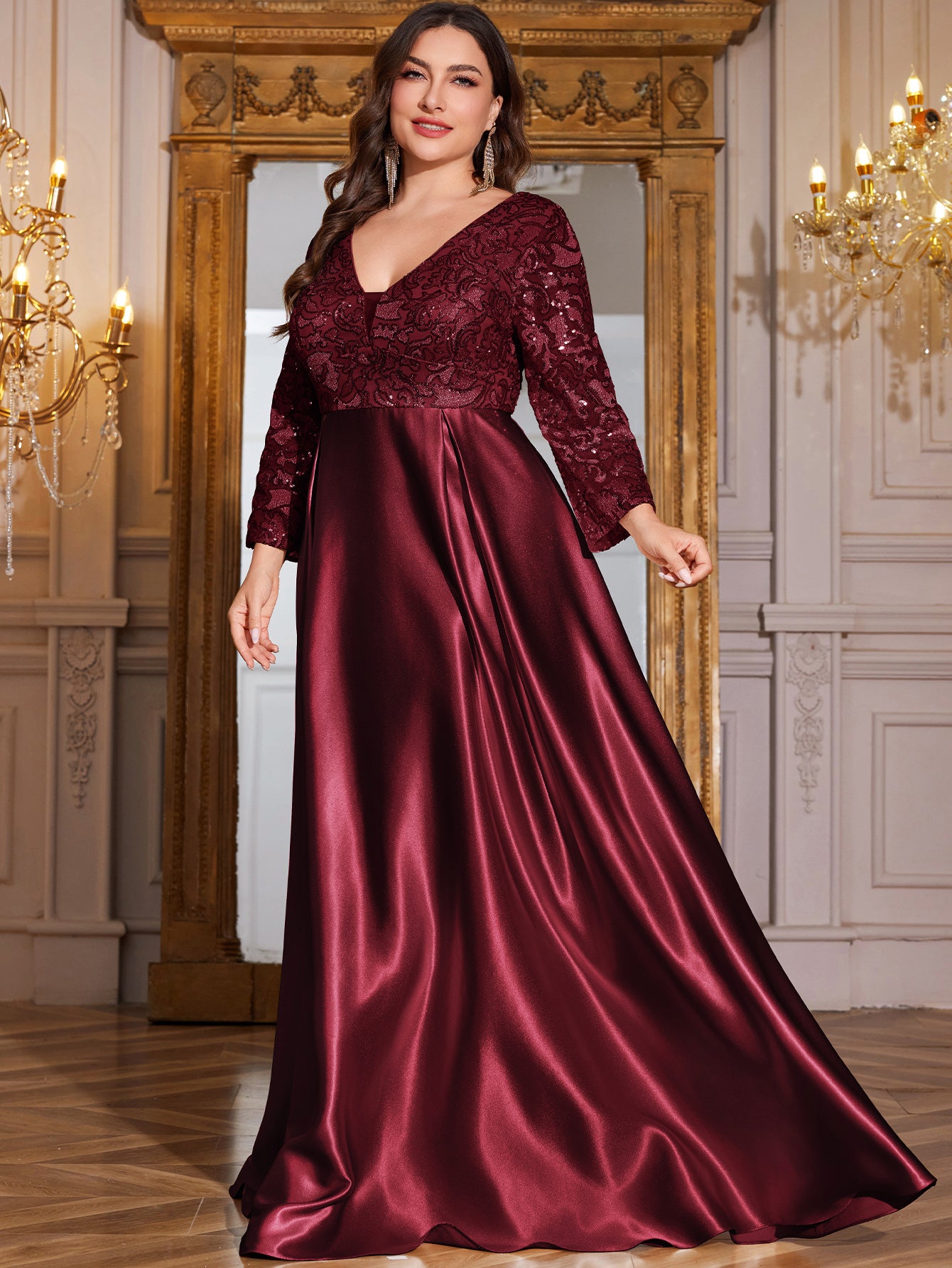 Champagne Gold Lace Satin 3/4 Sleeve A‑Line Plus Size Evening Gown