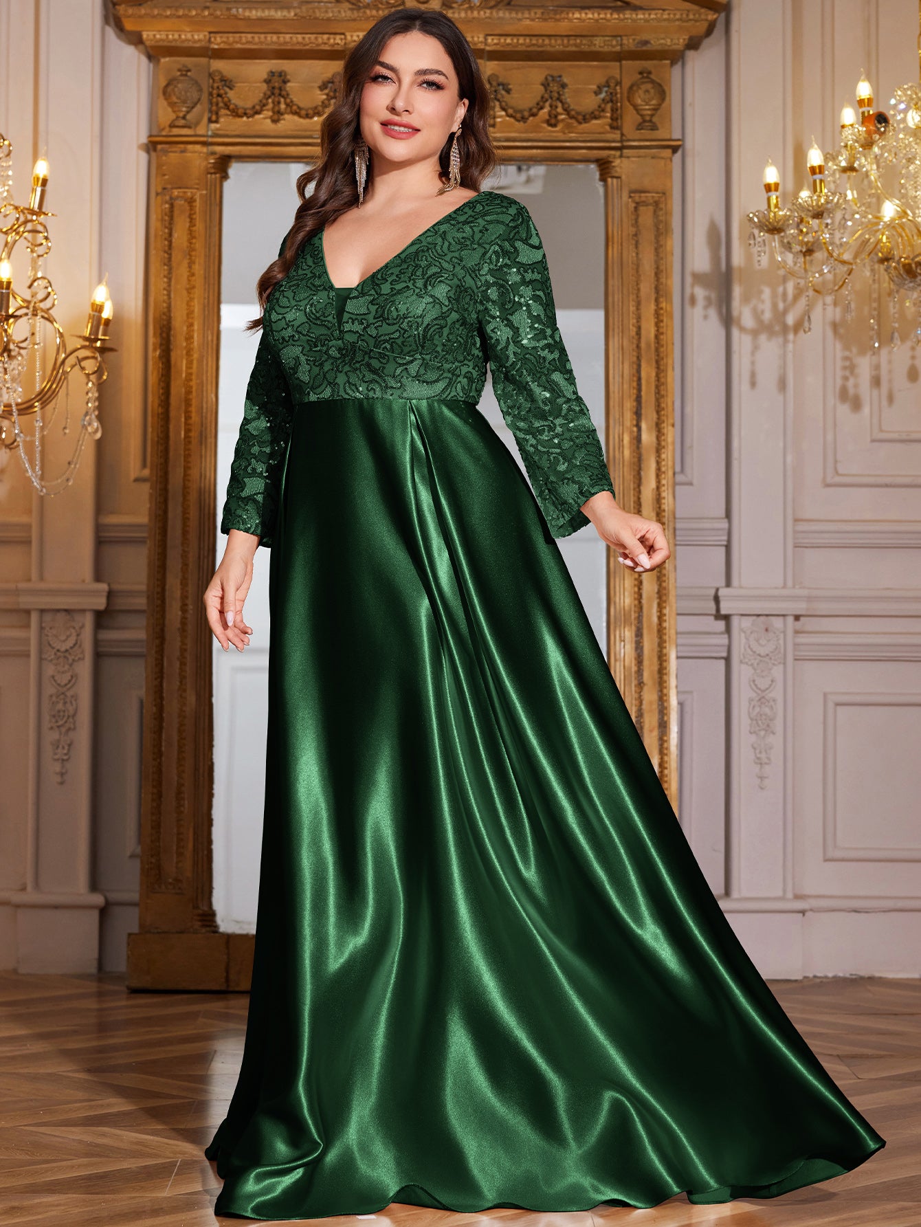 Champagne Gold Lace Satin 3/4 Sleeve A‑Line Plus Size Evening Gown