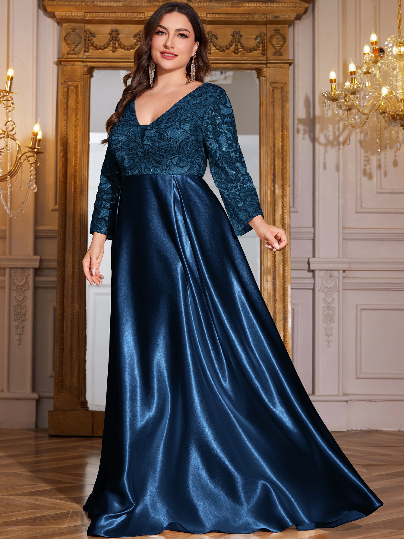 Champagne Gold Lace Satin 3/4 Sleeve A‑Line Plus Size Evening Gown