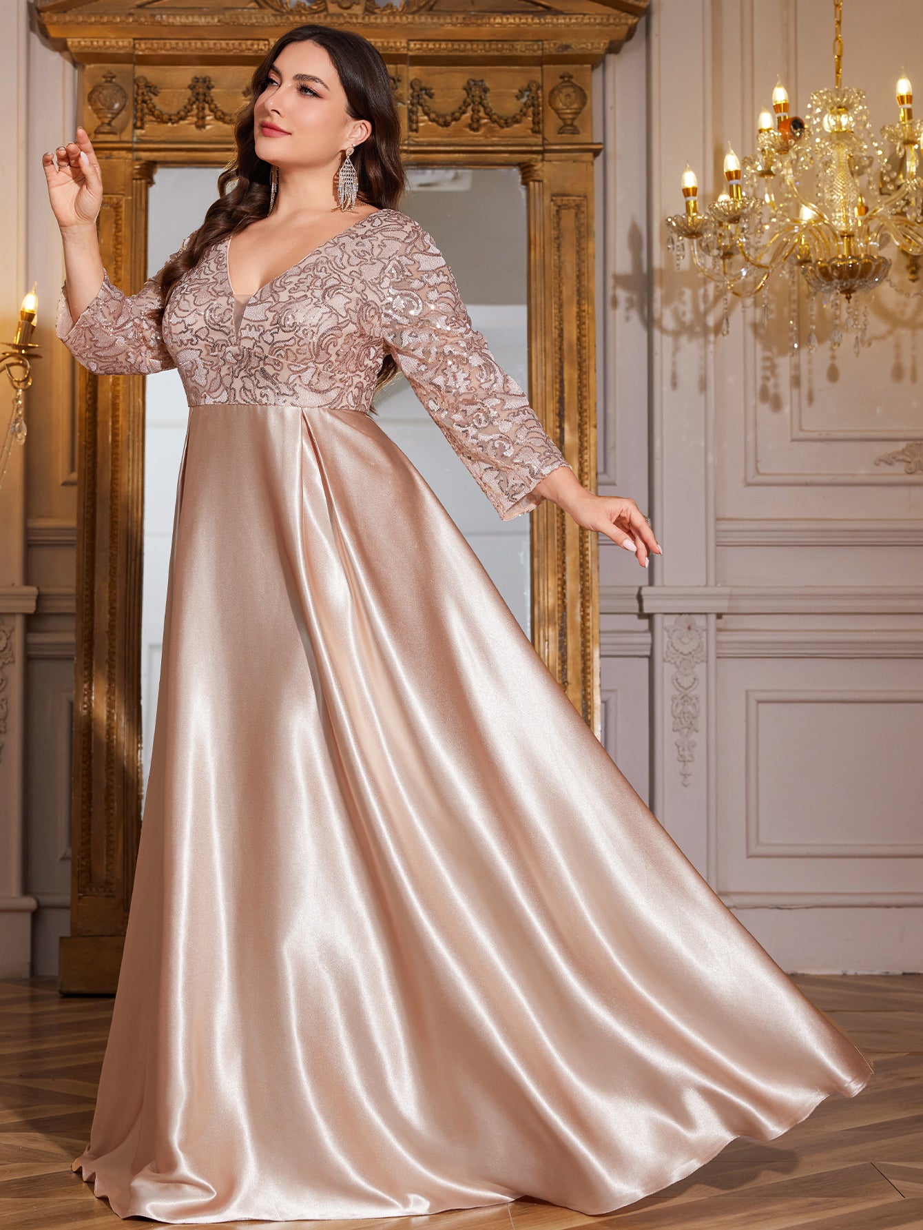 Champagne Gold Lace Satin 3/4 Sleeve A‑Line Plus Size Evening Gown