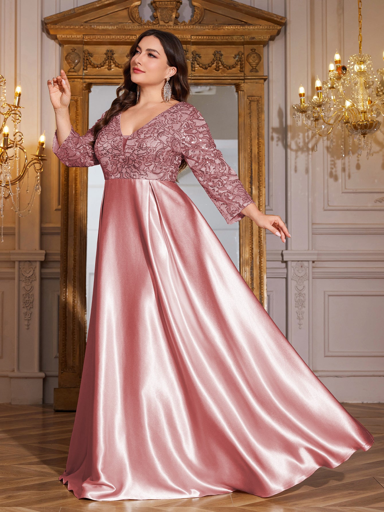 Champagne Gold Lace Satin 3/4 Sleeve A‑Line Plus Size Evening Gown