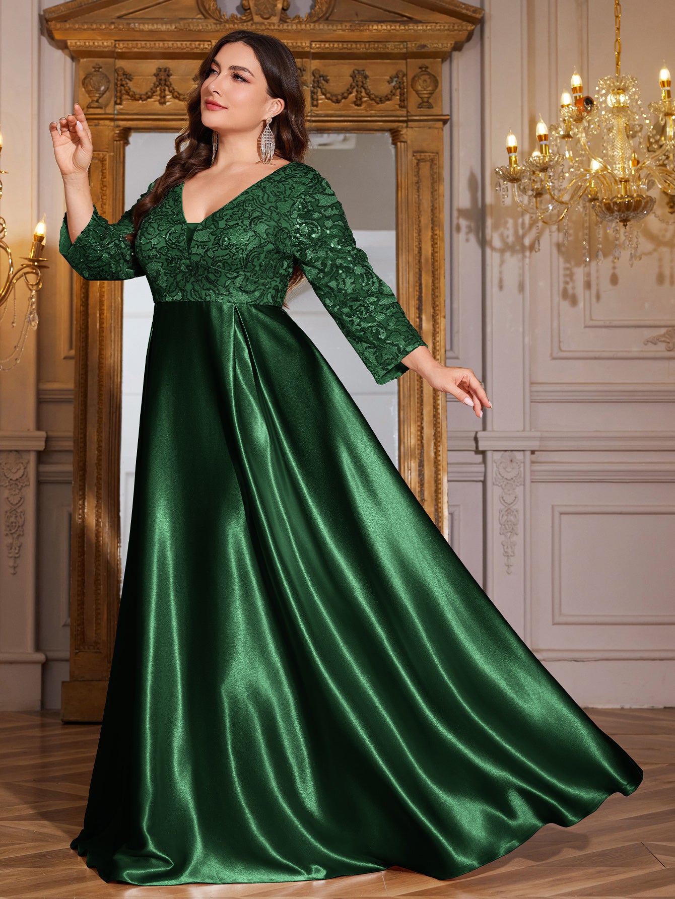 Champagne Gold Lace Satin 3/4 Sleeve A‑Line Plus Size Evening Gown