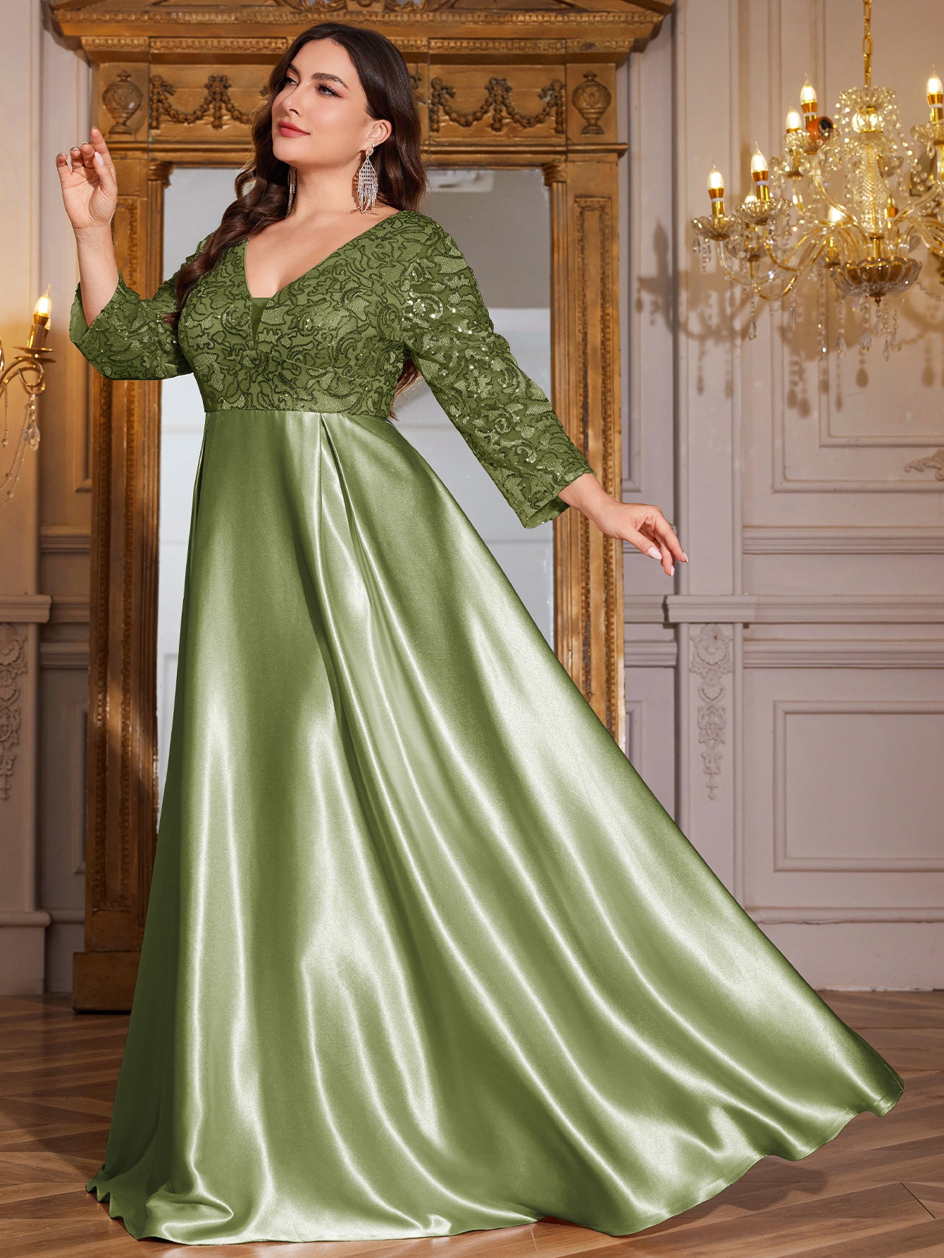 Champagne Gold Lace Satin 3/4 Sleeve A‑Line Plus Size Evening Gown
