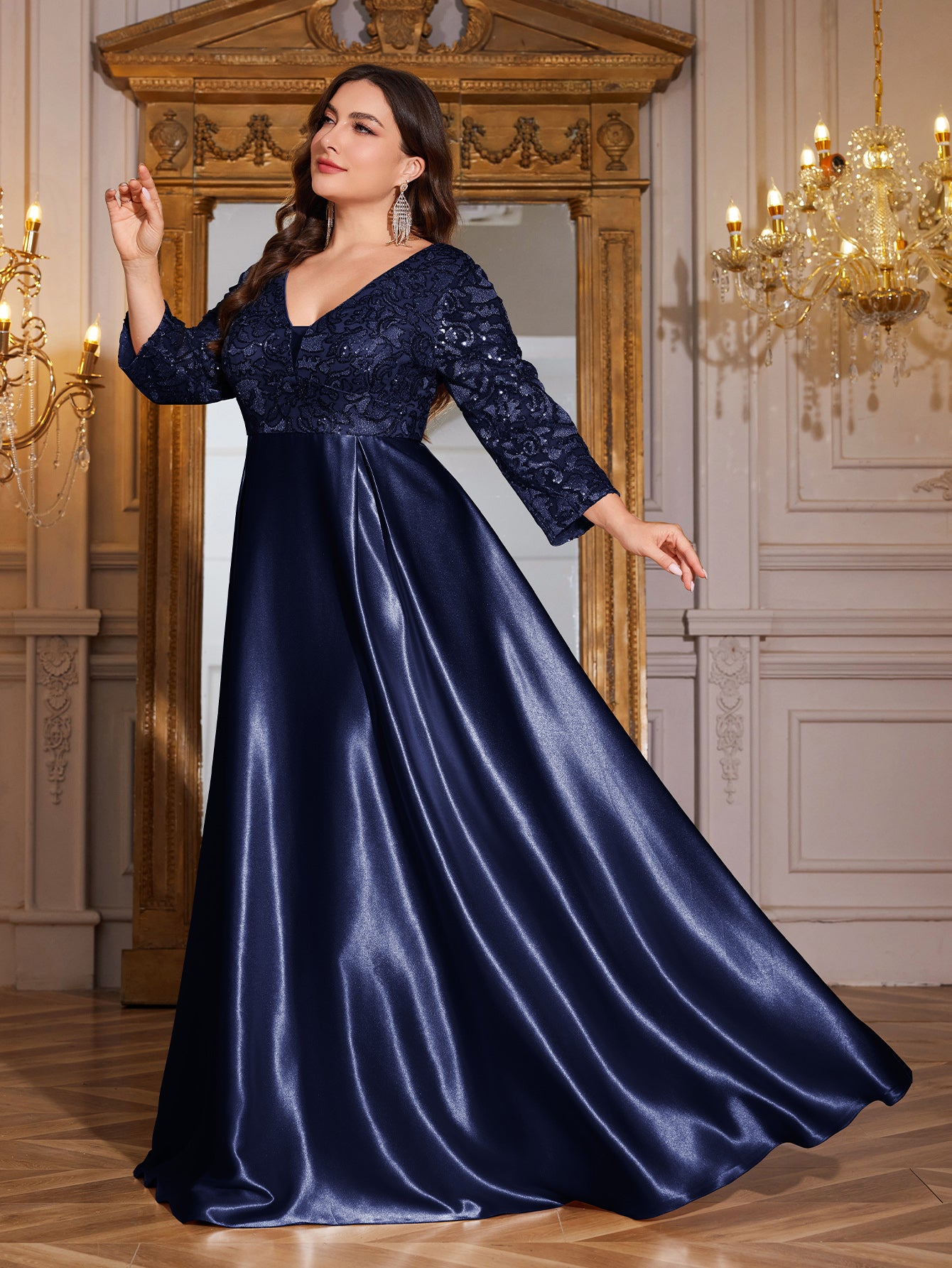 Champagne Gold Lace Satin 3/4 Sleeve A‑Line Plus Size Evening Gown