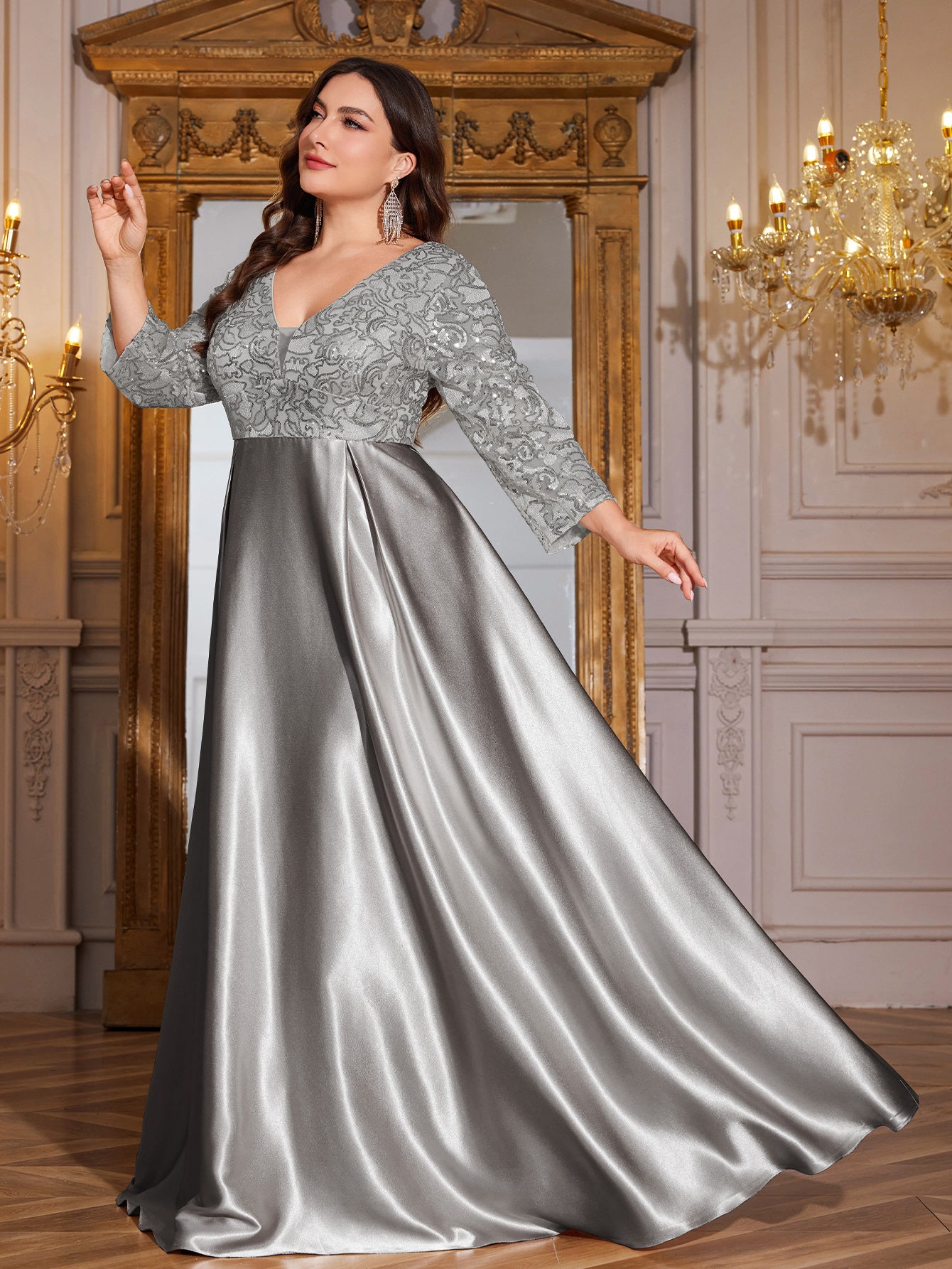 Champagne Gold Lace Satin 3/4 Sleeve A‑Line Plus Size Evening Gown