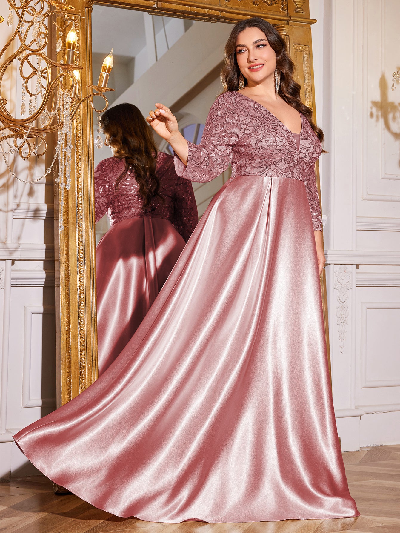 Champagne Gold Lace Satin 3/4 Sleeve A‑Line Plus Size Evening Gown