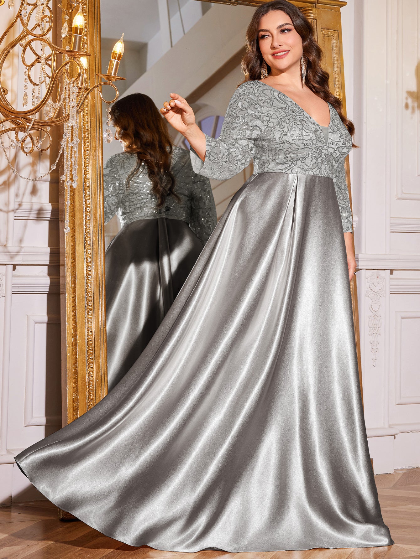 Champagne Gold Lace Satin 3/4 Sleeve A‑Line Plus Size Evening Gown