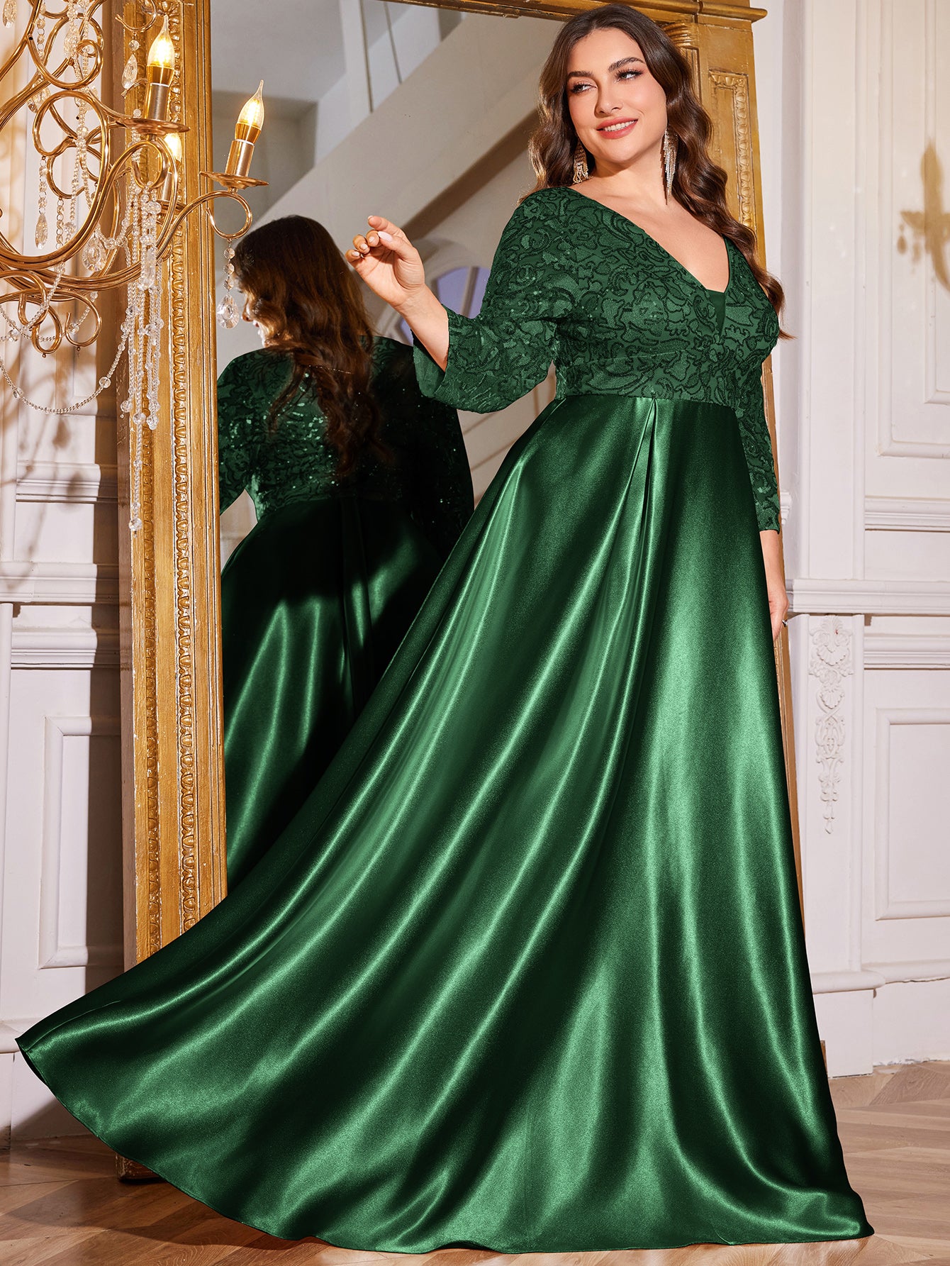 Champagne Gold Lace Satin 3/4 Sleeve A‑Line Plus Size Evening Gown