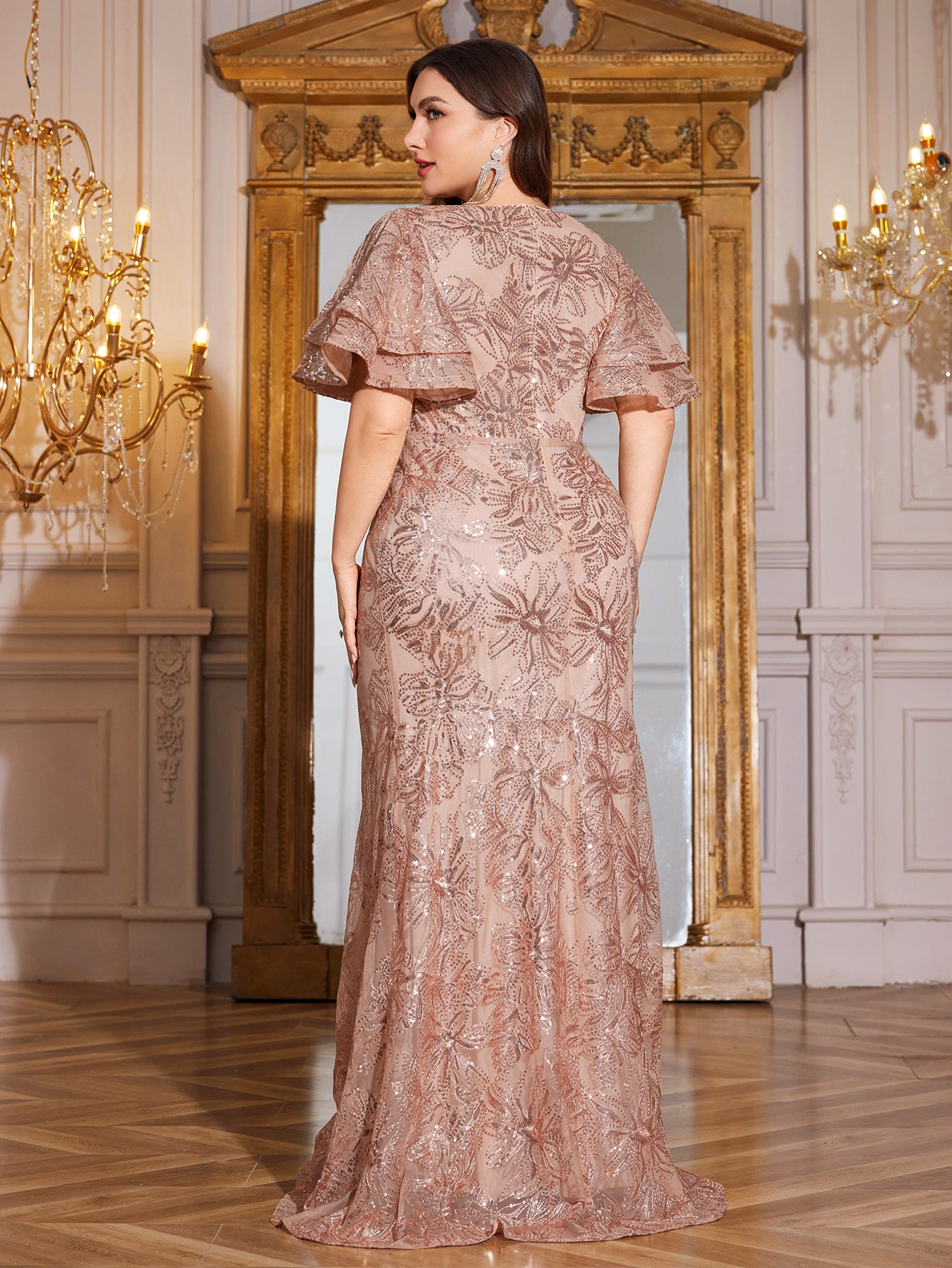 Rose Gold Sequin Ruffle Sleeve Mermaid Evening Gown