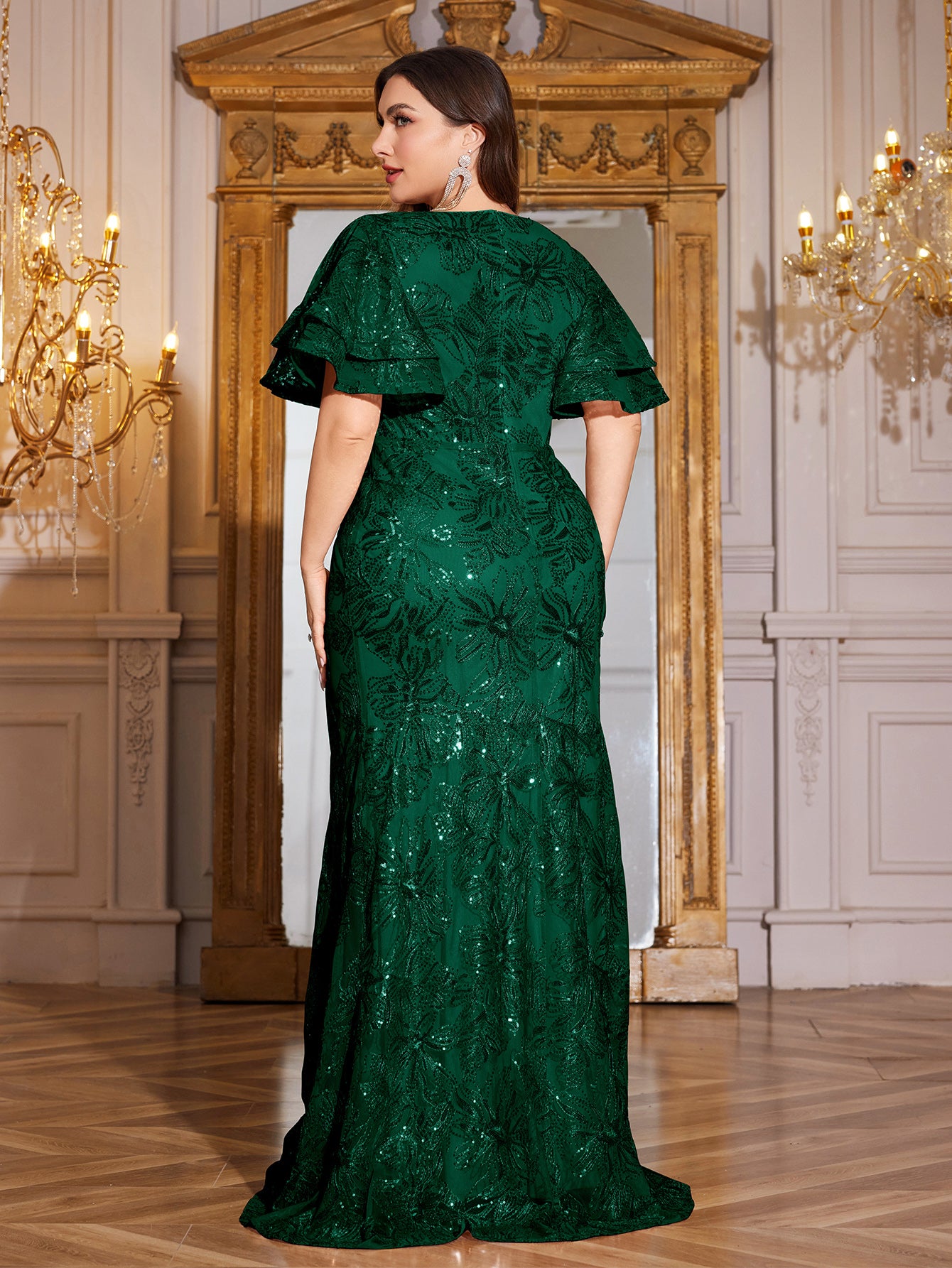 Rose Gold Sequin Ruffle Sleeve Mermaid Evening Gown