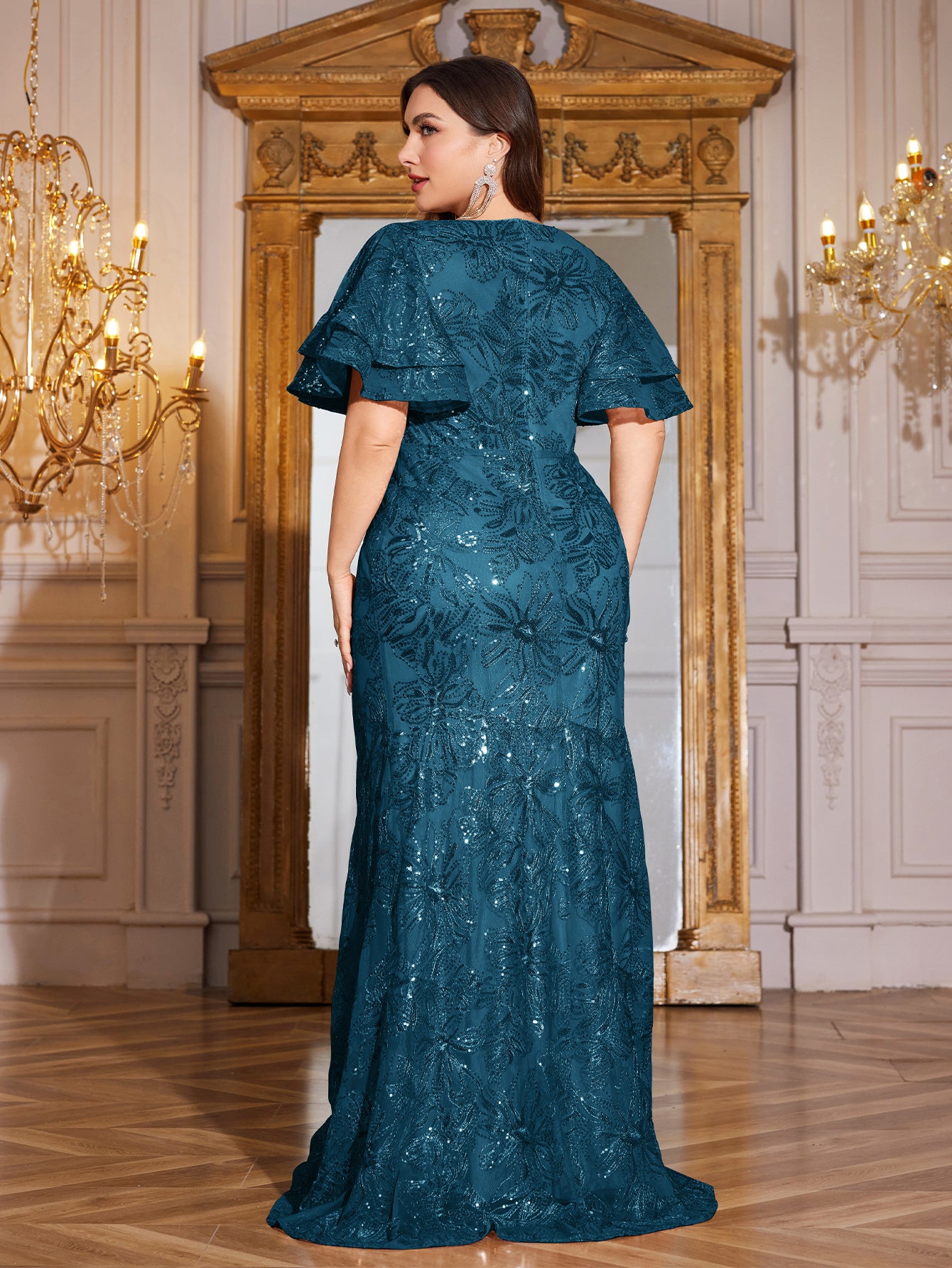 Rose Gold Sequin Ruffle Sleeve Mermaid Evening Gown