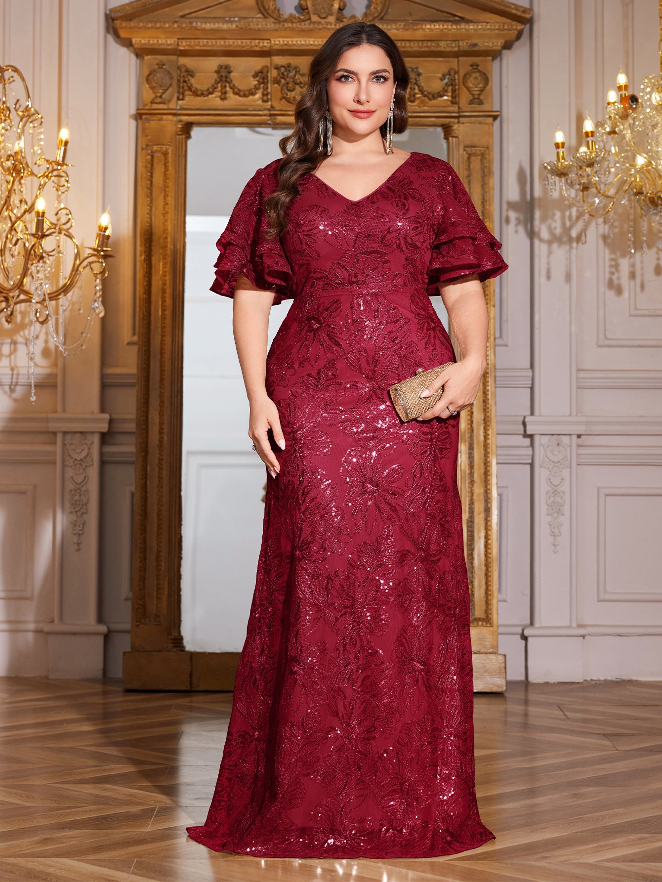 Rose Gold Sequin Ruffle Sleeve Mermaid Evening Gown